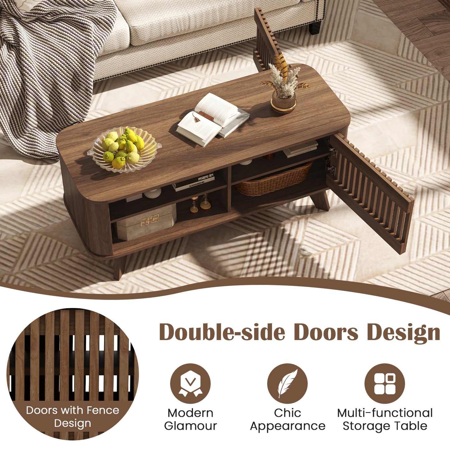 Rectangular Coffee Table with Storage and Adjustable Shelves, Walnut Coffee Tables at Gallery Canada