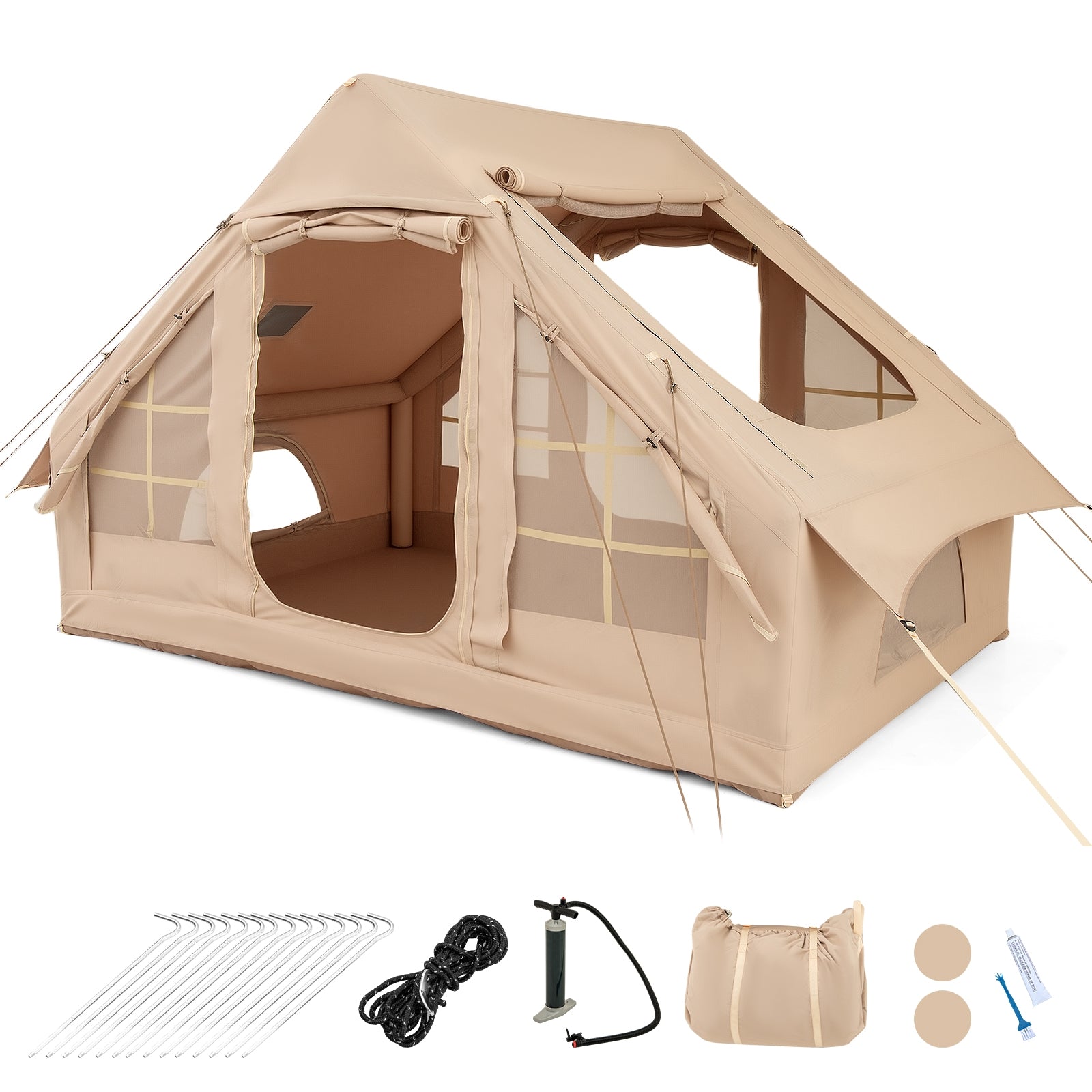 4-6 Person Inflatable Camping Tent, 4 Mesh Windows, 2 Doors, White Tents White at Gallery Canada