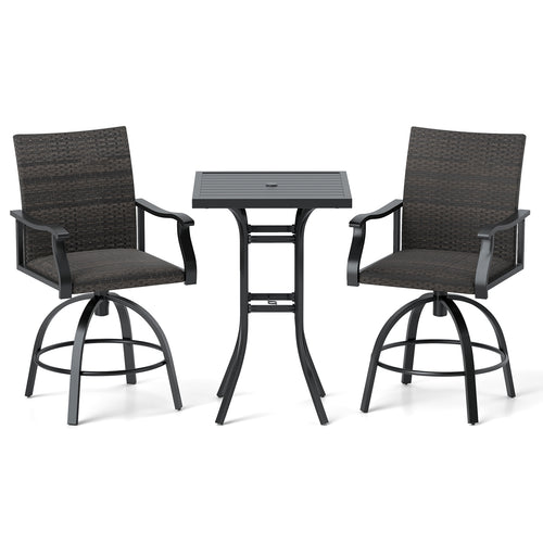 3 Pieces PE Wicker Patio Swivel Bar Set with Quick-Drying Foam, Black