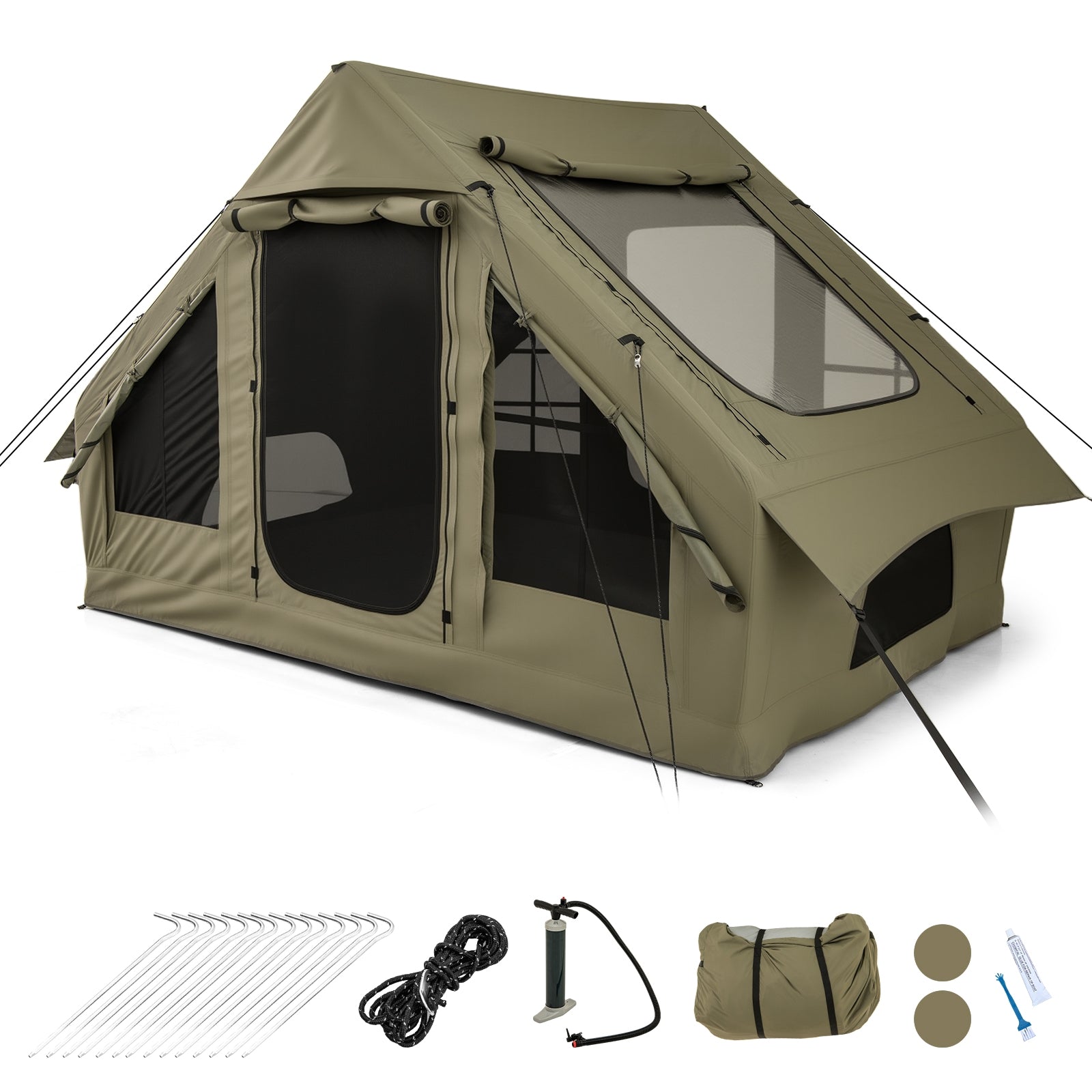 4-6 People Inflatable Camping Tent with 4 Mesh Screen Windows and 2 Doors, Green Tents Green at Gallery Canada