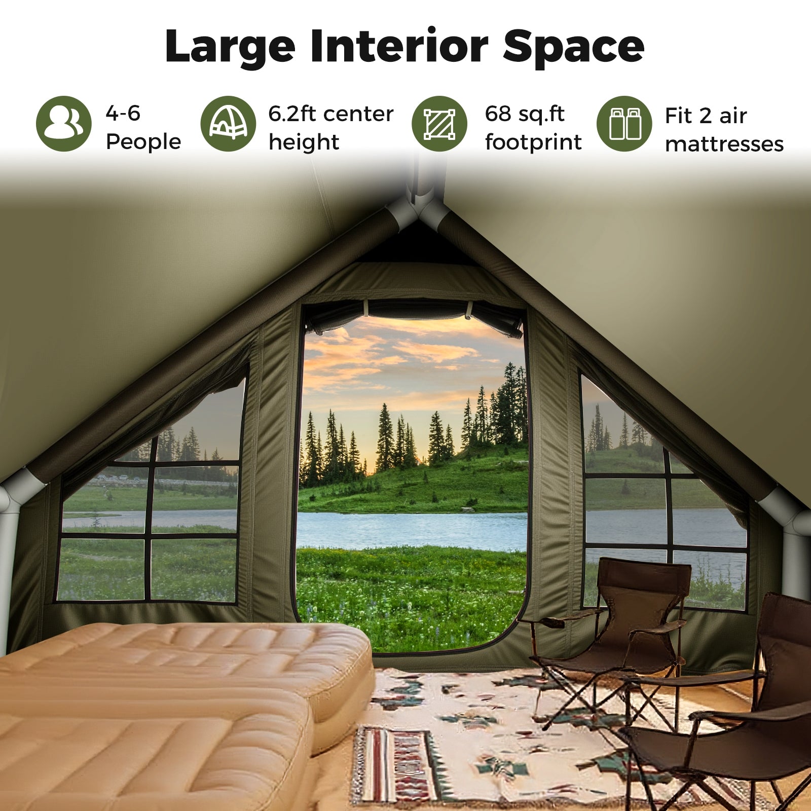 4-6 Person Inflatable Camping Tent, 4 Mesh Windows, 2 Doors, Green Tents at Gallery Canada