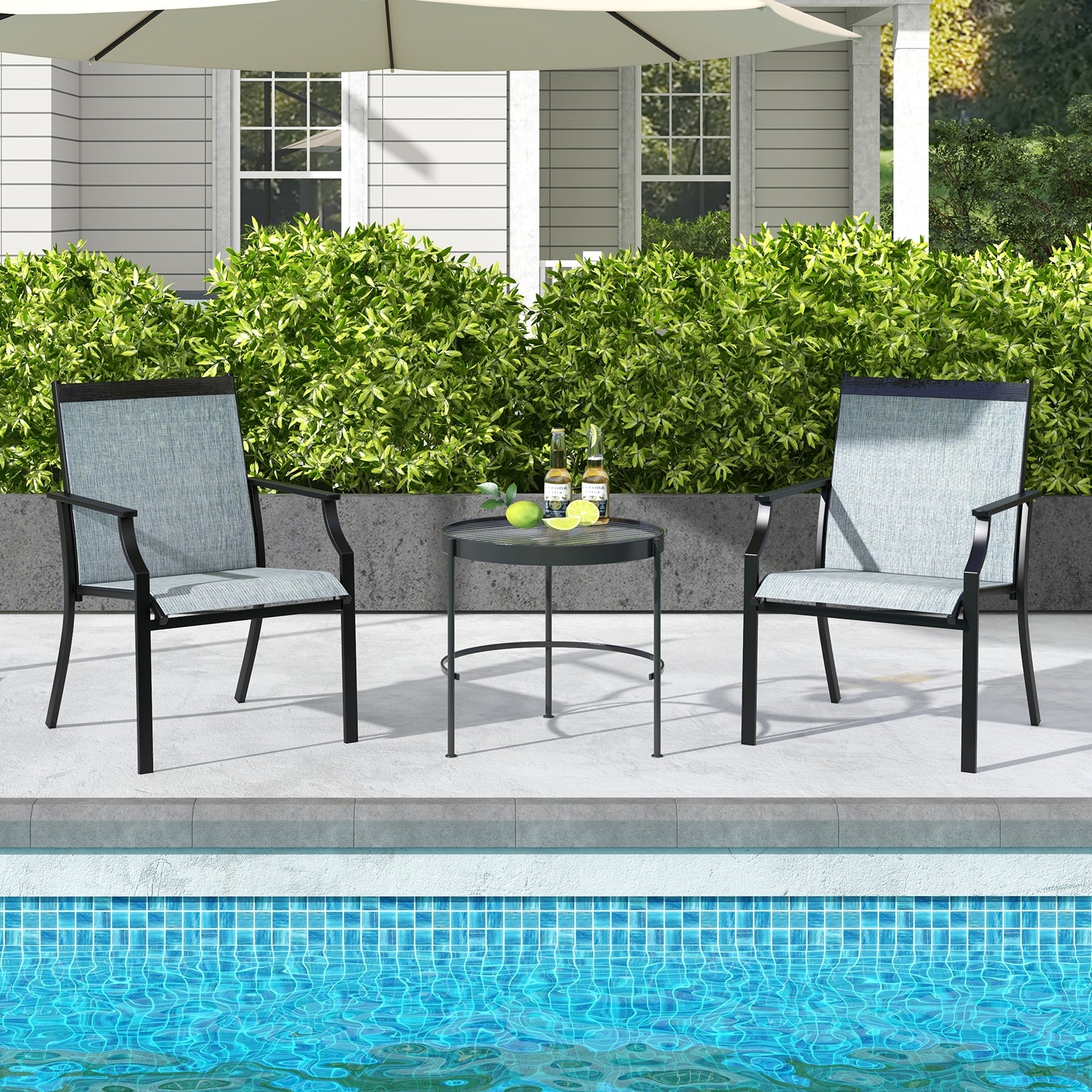 2 Piece Patio Dining Chairs Large Outdoor Chairs with Breathable Seat and Metal Frame, Blue Patio Dining Chairs at Gallery Canada