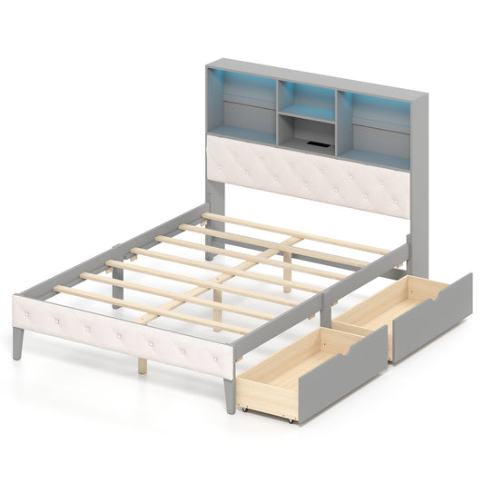 Full Size Bed Frame With Bookcase Headboard, LED Lights, Gray Simple Bed Frame Gray at Gallery Canada