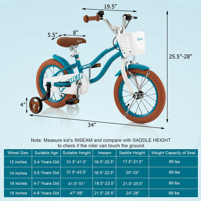 12 Inch Kids Bike Adjustable with Removable Basket for 3-4 Years Old-12 inches, Turquoise Kids Bike at Gallery Canada