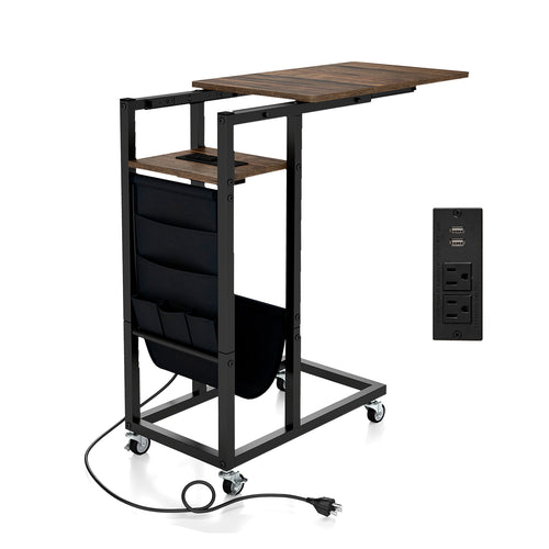 C-Shaped End Table With Charging Station, Retractable Tabletop