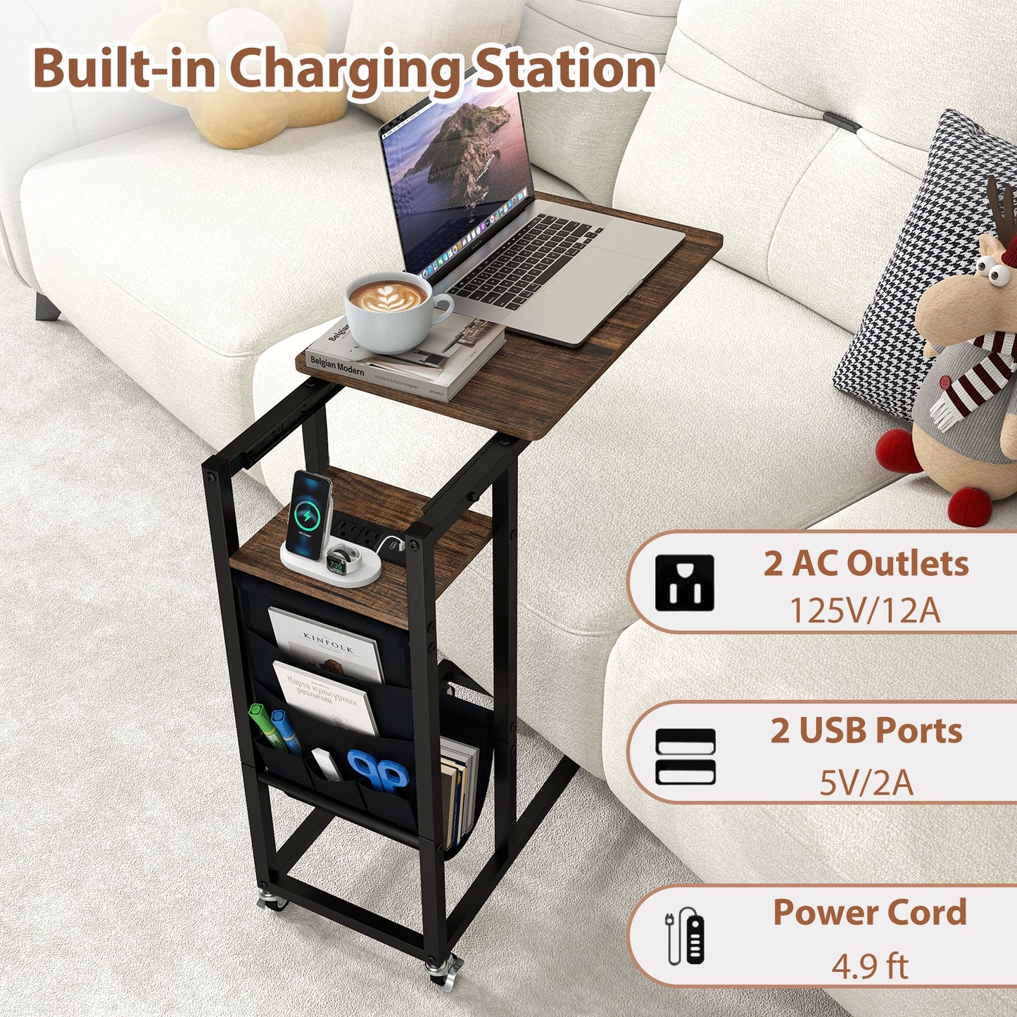 C-shaped End Table with Charging Station and Retractable Tabletop, Coffee End & Side Tables at Gallery Canada