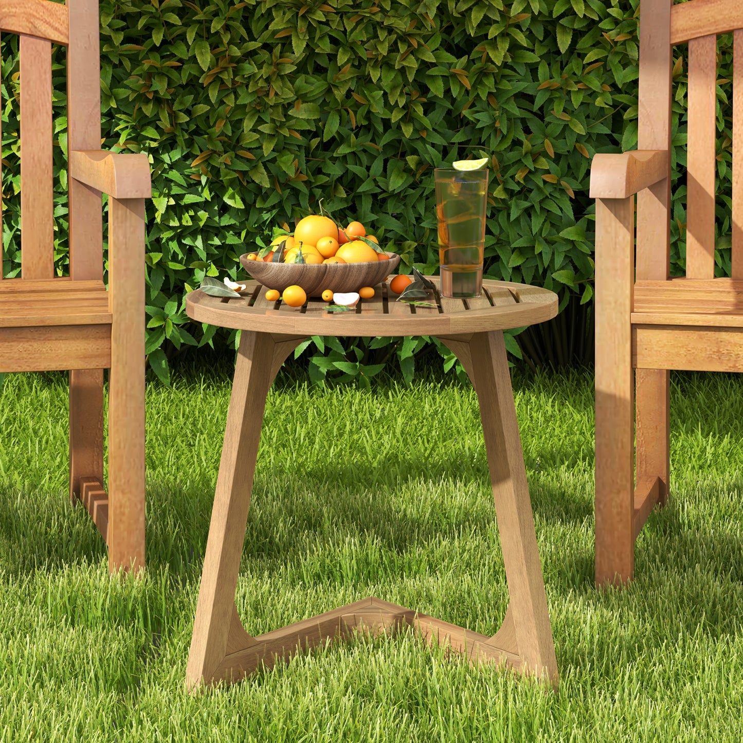 Teak Wood Side Table Round Sofa End Table with Slatted Tabletop, Natural End & Side Tables at Gallery Canada