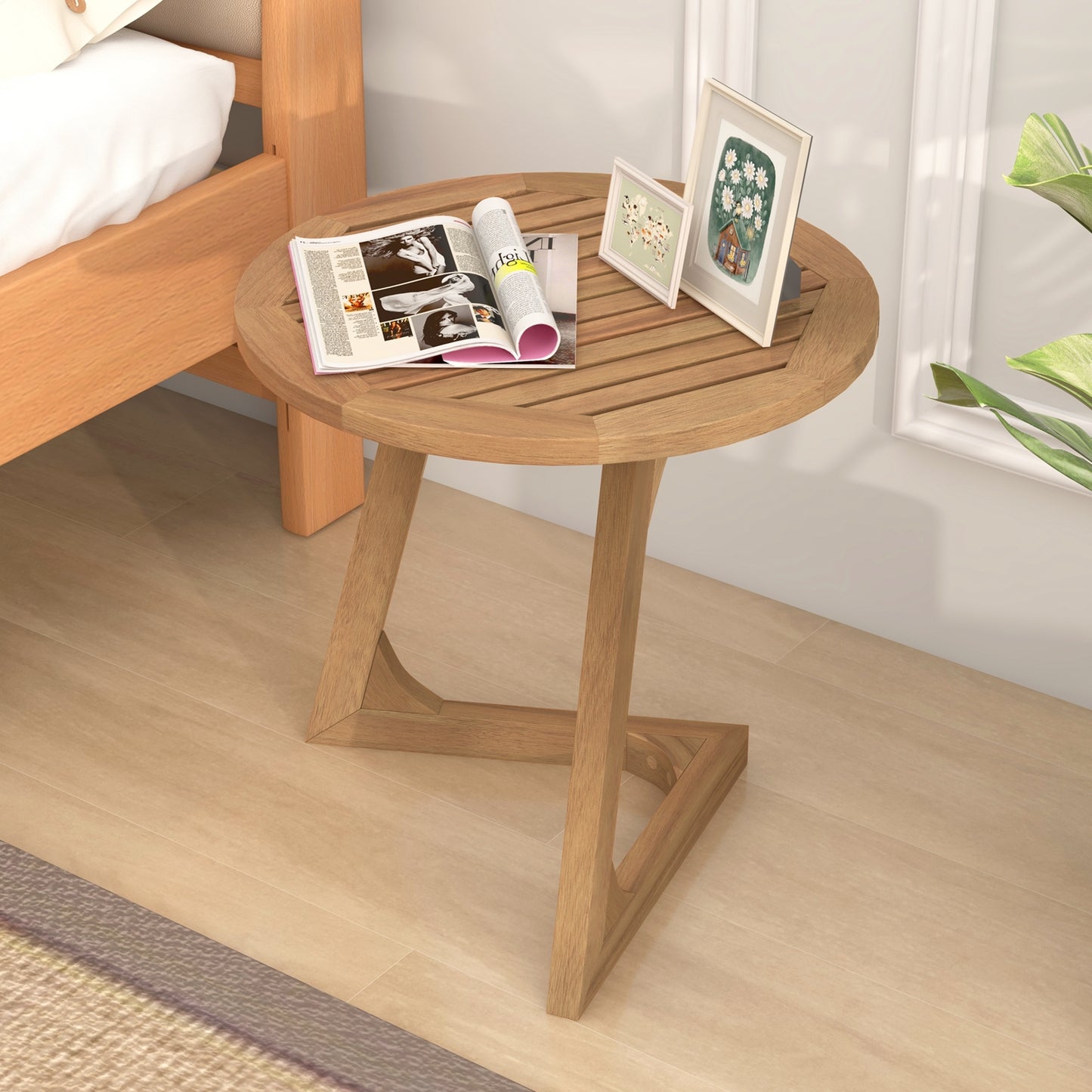 Teak Wood Side Table Round Sofa End Table with Slatted Tabletop, Natural End & Side Tables at Gallery Canada