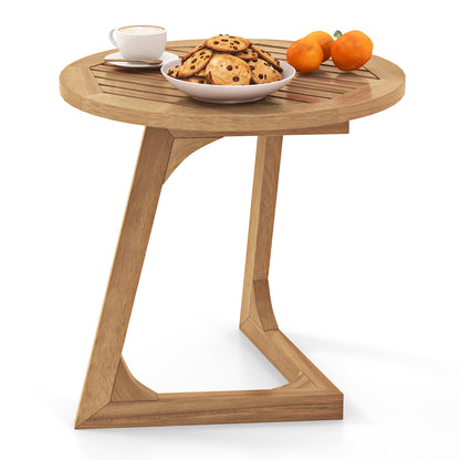 Teak Wood Side Table Round Sofa End Table with Slatted Tabletop, Natural End & Side Tables at Gallery Canada