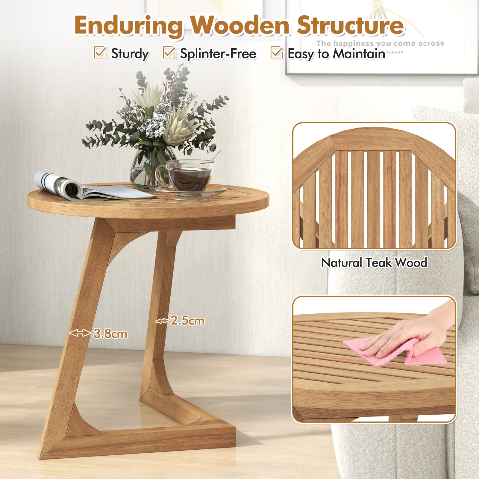 Teak Wood Side Table Round Sofa End Table with Slatted Tabletop, Natural End & Side Tables at Gallery Canada