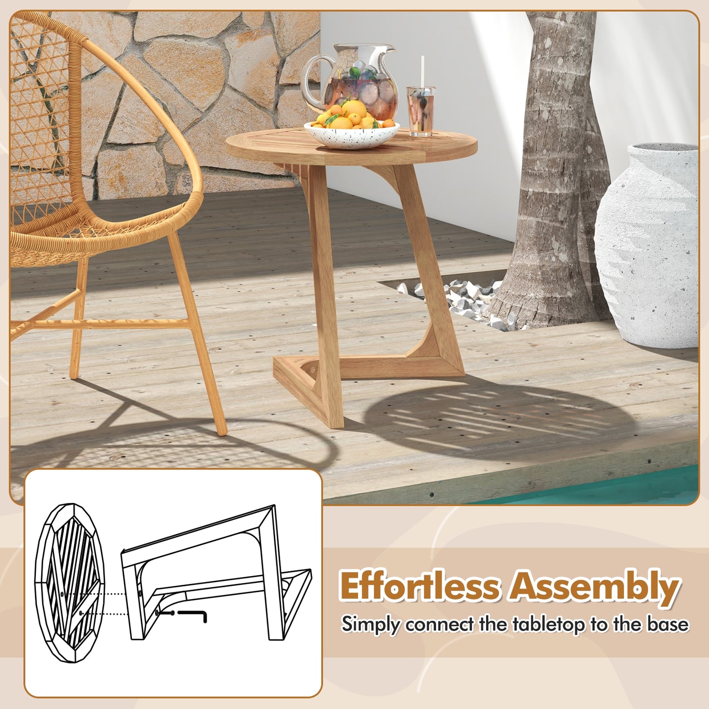 Teak Wood Side Table Round Sofa End Table with Slatted Tabletop, Natural End & Side Tables at Gallery Canada