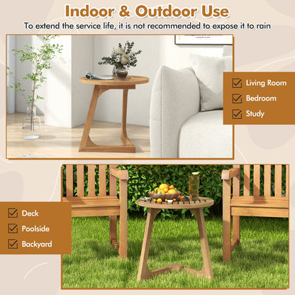 Teak Wood Side Table Round Sofa End Table with Slatted Tabletop, Natural End & Side Tables at Gallery Canada