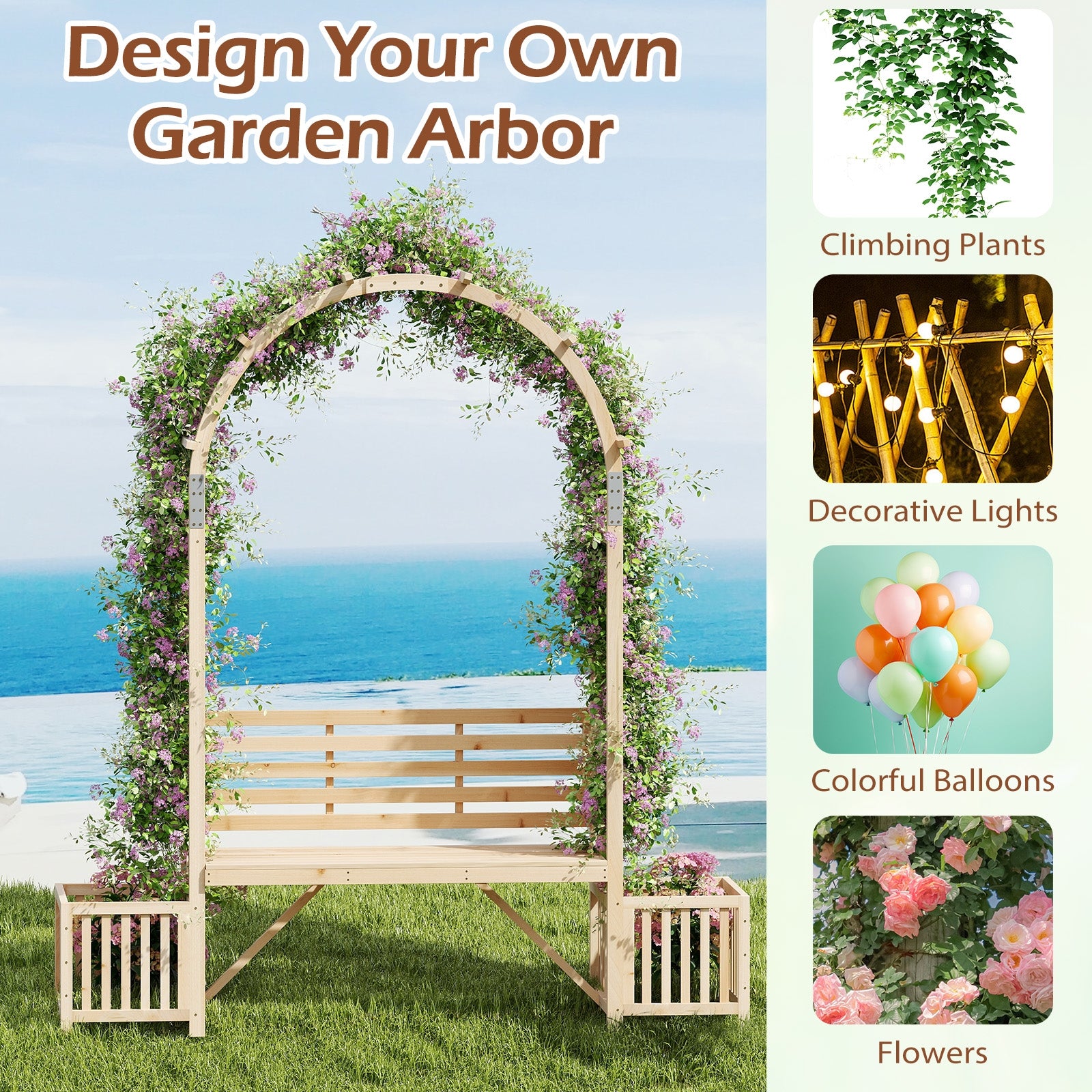 Garden Bench Arbor Arch Wooden Garden Arbor for Climbing Plants, Natural Outdoor Decor at Gallery Canada