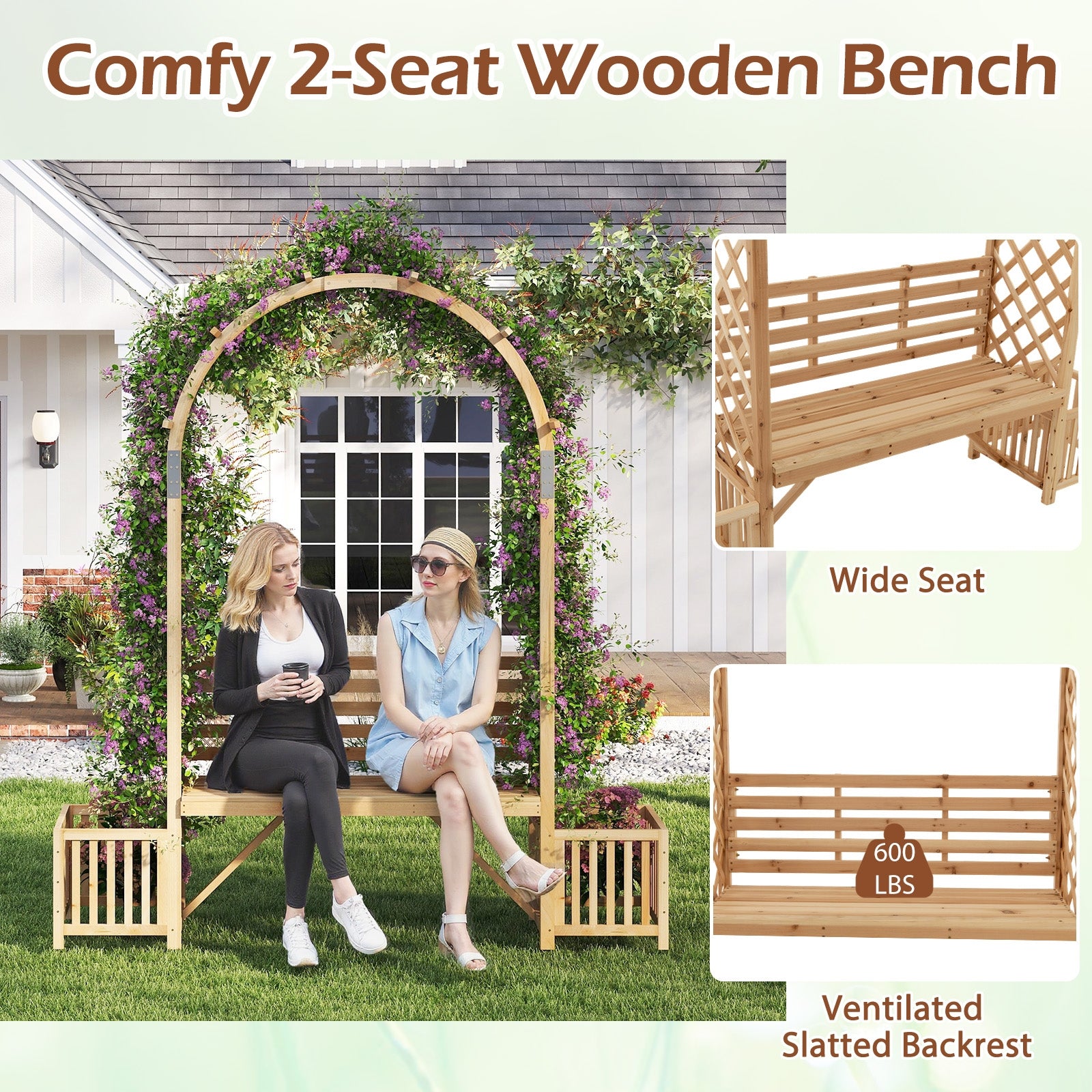 Garden Bench Arbor Arch Wooden Garden Arbor for Climbing Plants, Natural Outdoor Decor at Gallery Canada
