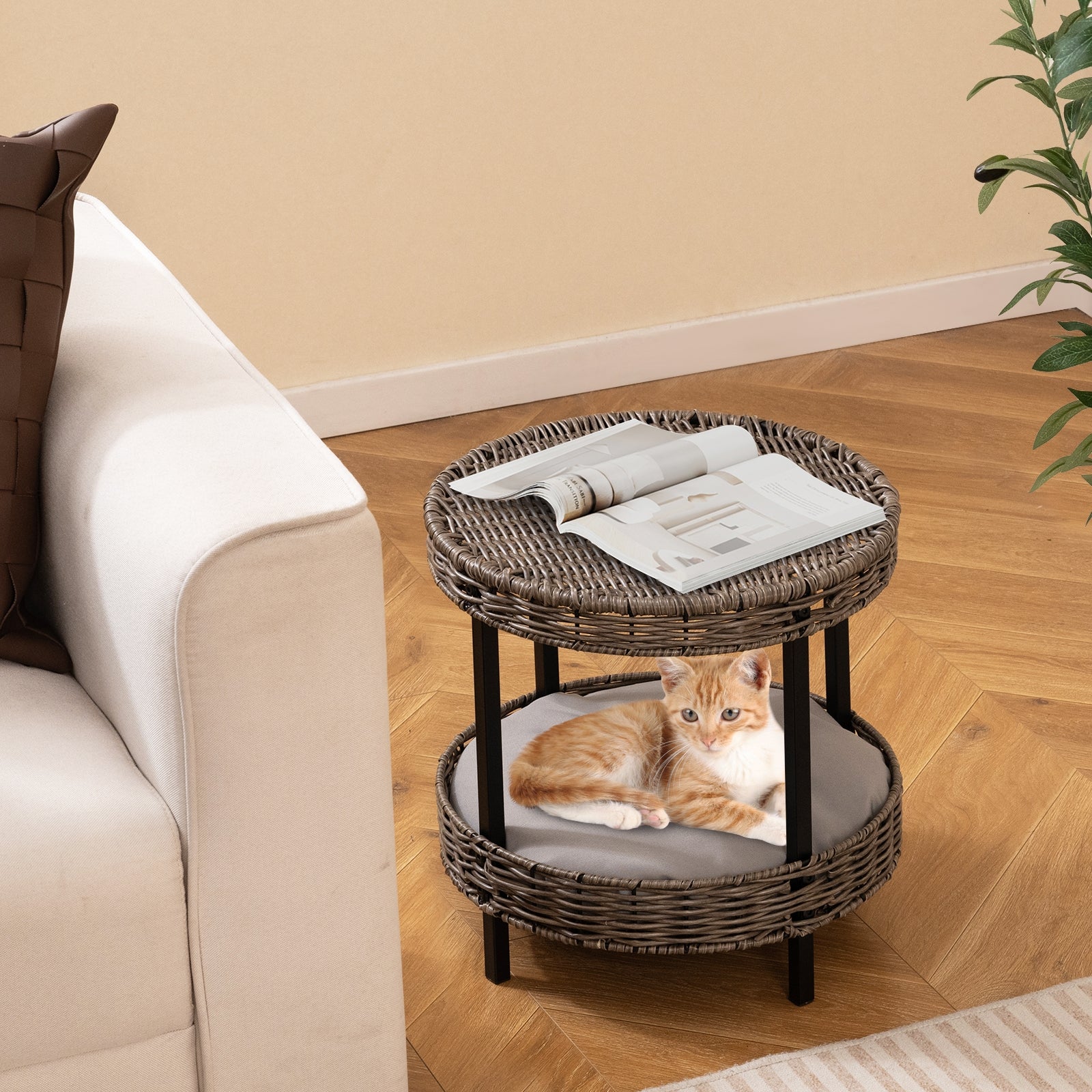 2-tier Rattan Cat Nest with Removable Padded Cushion, Gray Cat Houses at Gallery Canada