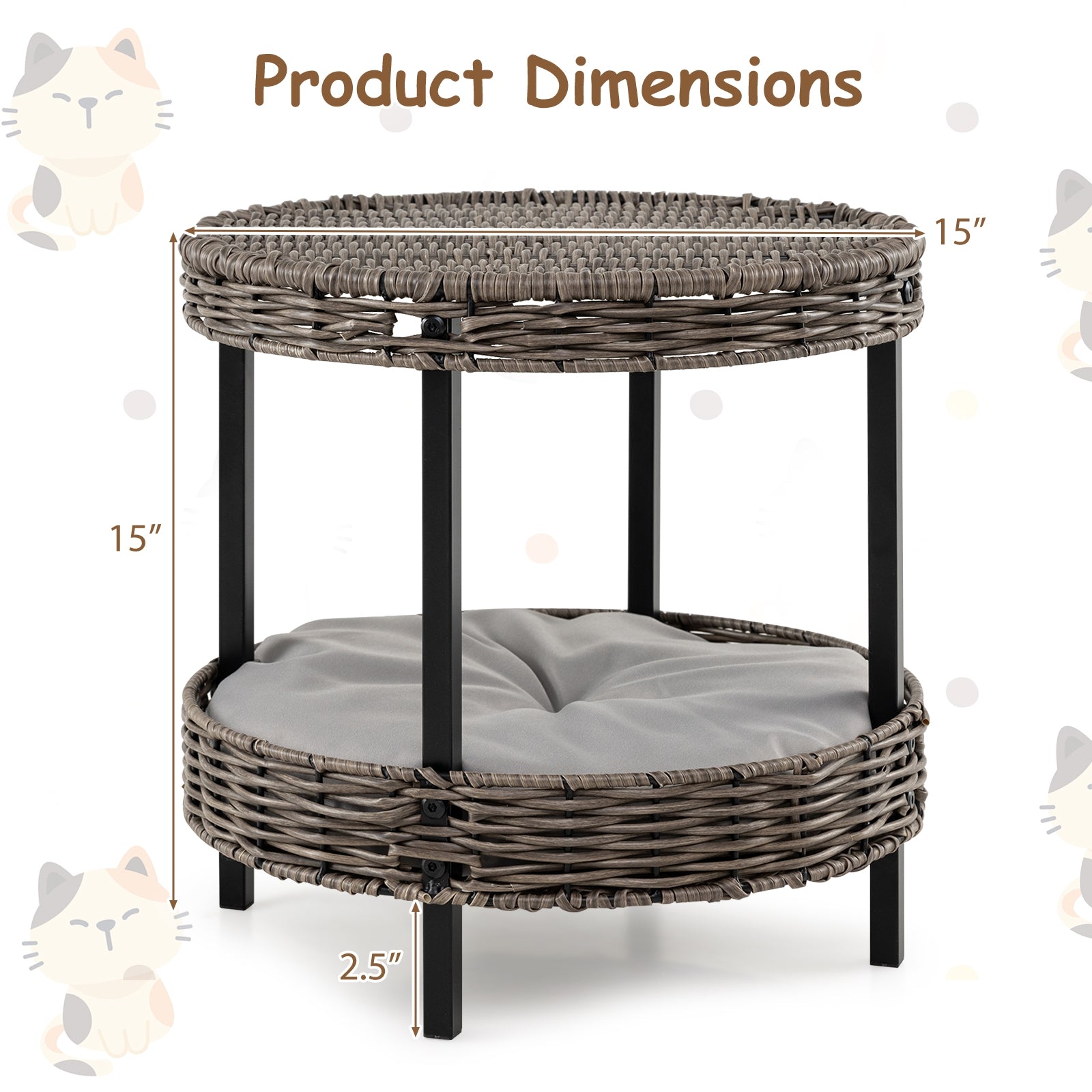 2-Tier Rattan Cat Nest, Removable Padded Cushion, Gray Cat Houses at Gallery Canada