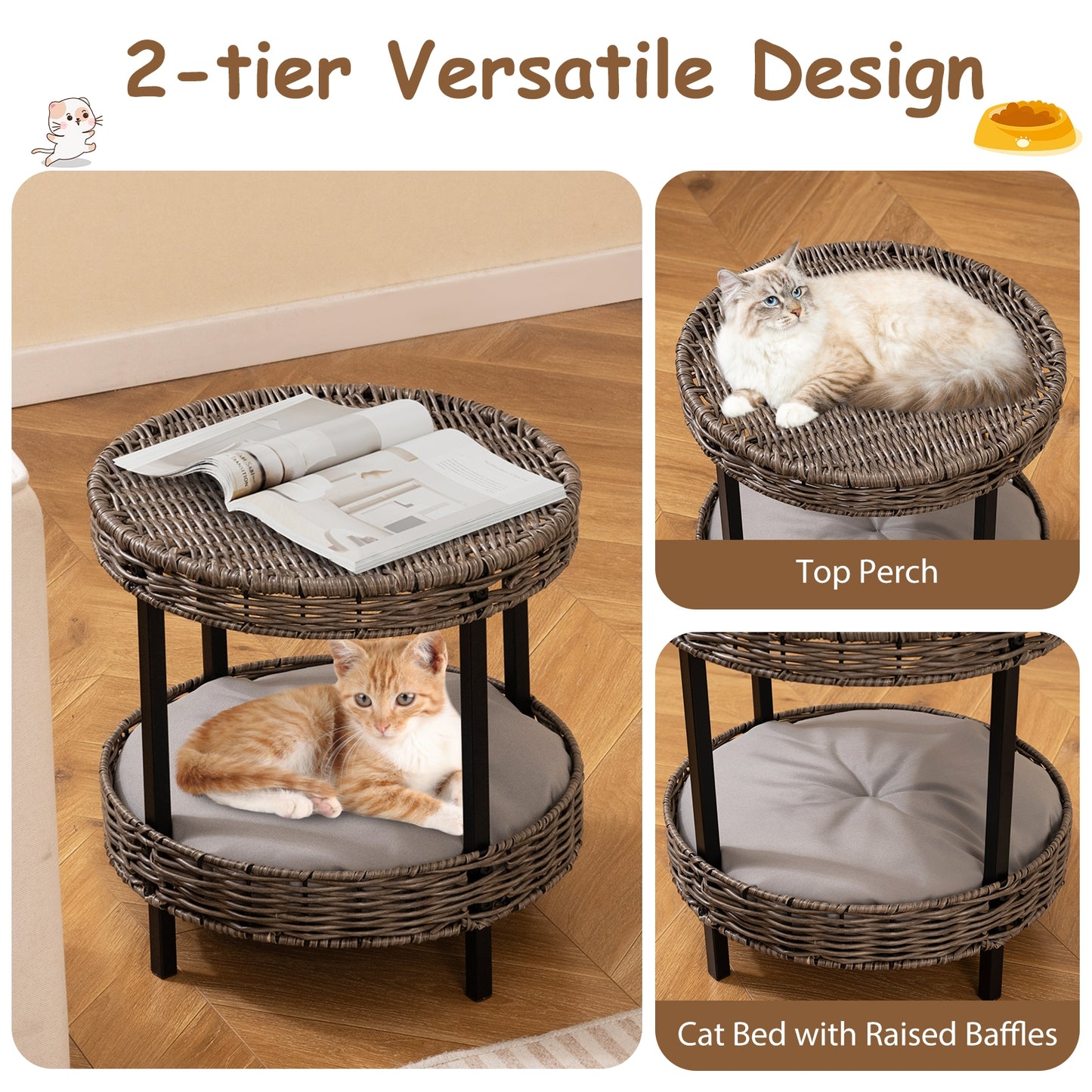 2-tier Rattan Cat Nest with Removable Padded Cushion, Gray Cat Houses at Gallery Canada