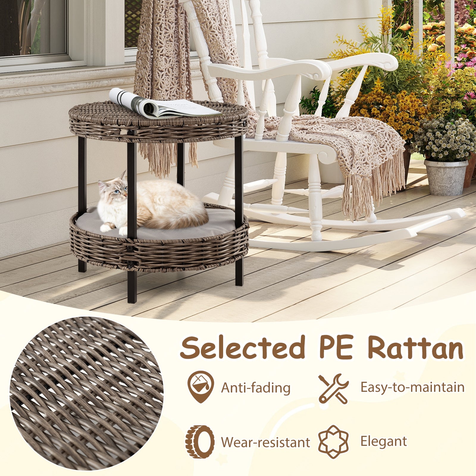 2-tier Rattan Cat Nest with Removable Padded Cushion, Gray Cat Houses at Gallery Canada