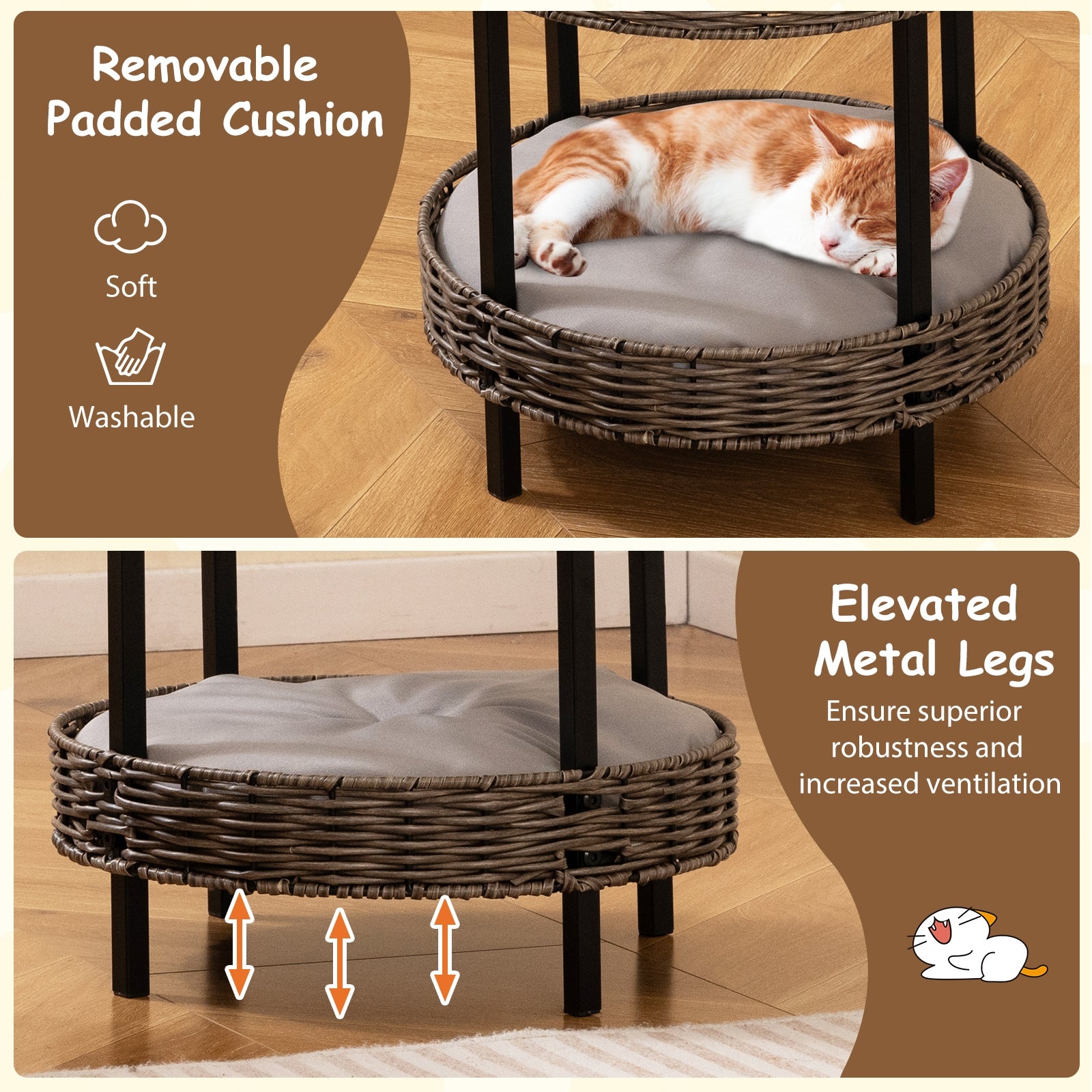 2-tier Rattan Cat Nest with Removable Padded Cushion, Gray Cat Houses at Gallery Canada