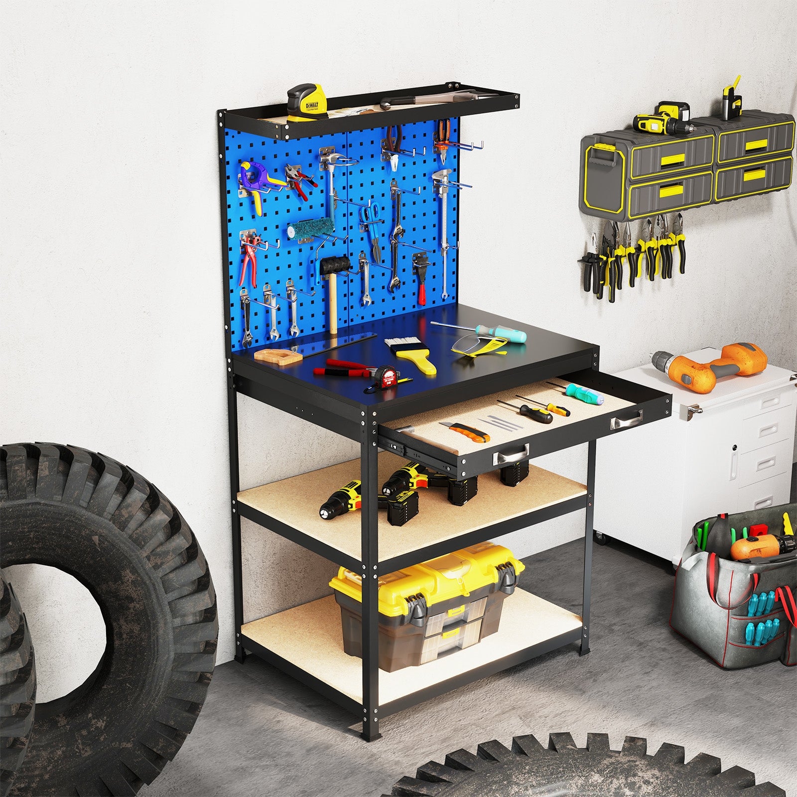 32 x 16 Inch Workbench Work Table with 2 PCs Pegboard Drawer and Shelves, Navy Garages at Gallery Canada