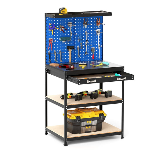 32 x 16 Inch Workbench With Pegboard Drawer, Shelves, Navy