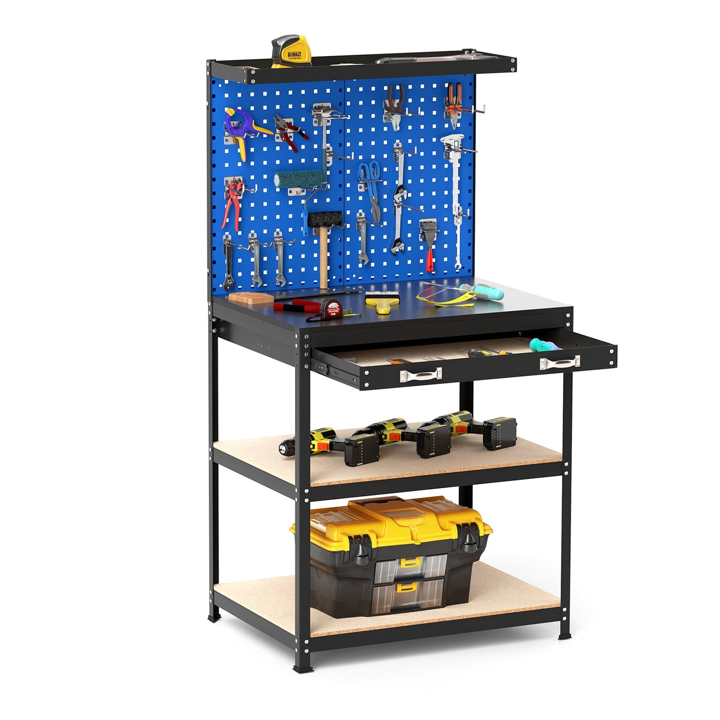 32 x 16 Inch Workbench With Pegboard Drawer, Shelves, Navy Garages Navy at Gallery Canada