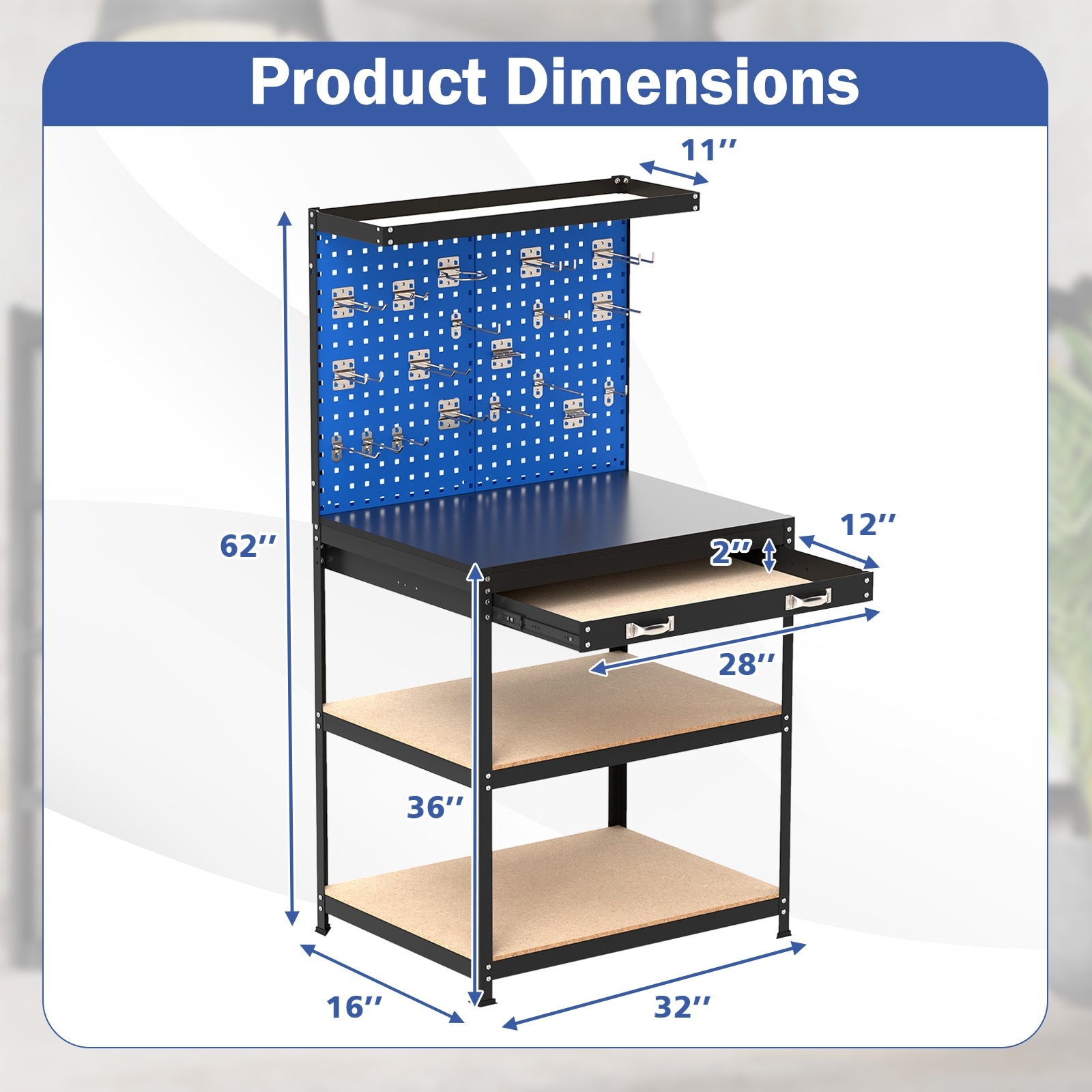 32 x 16 Inch Workbench Work Table with 2 PCs Pegboard Drawer and Shelves, Navy Garages at Gallery Canada