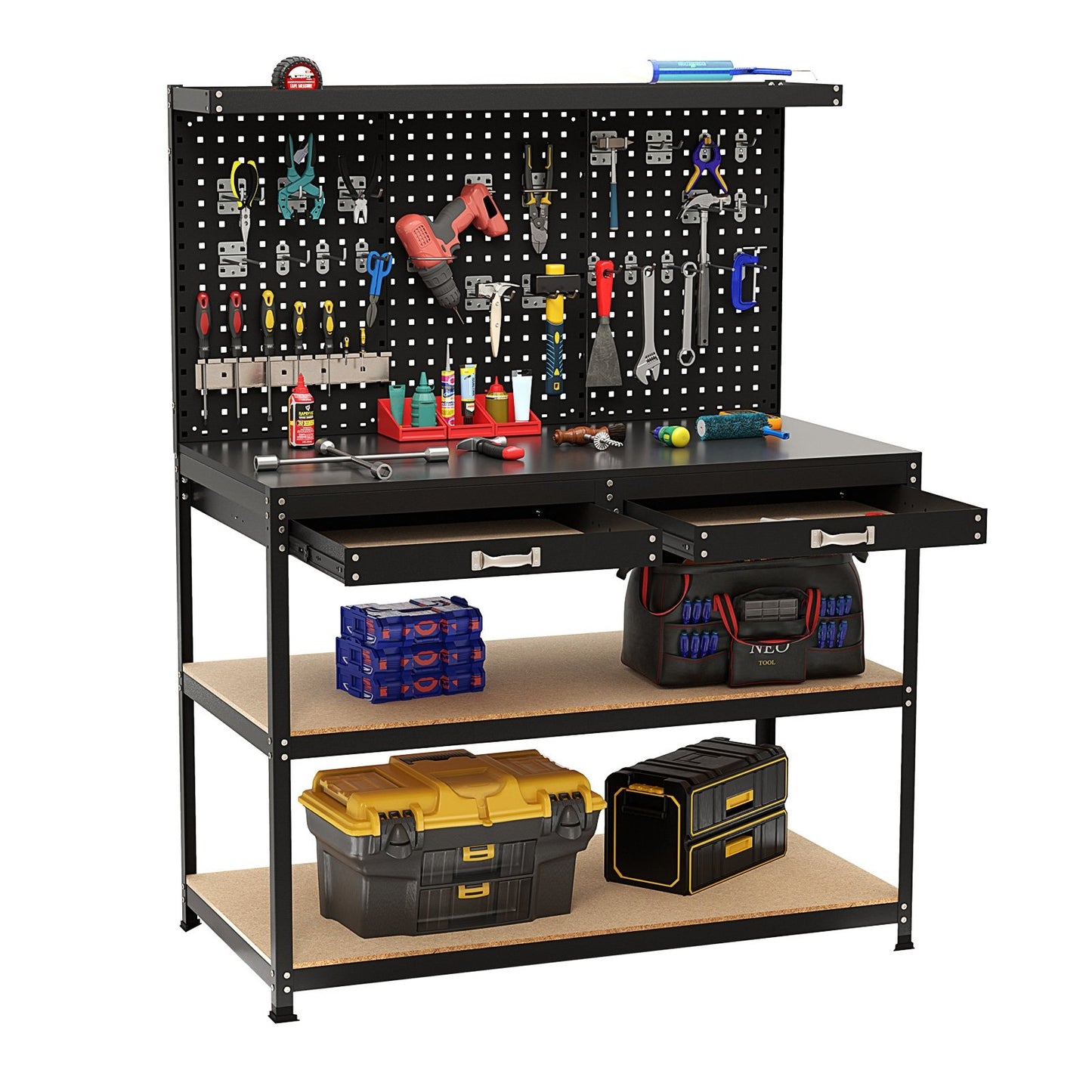 48 x 24 Inch Workbench Work Table with 3 PCs Pegboard Drawer and Shelves, Black Garages at Gallery Canada
