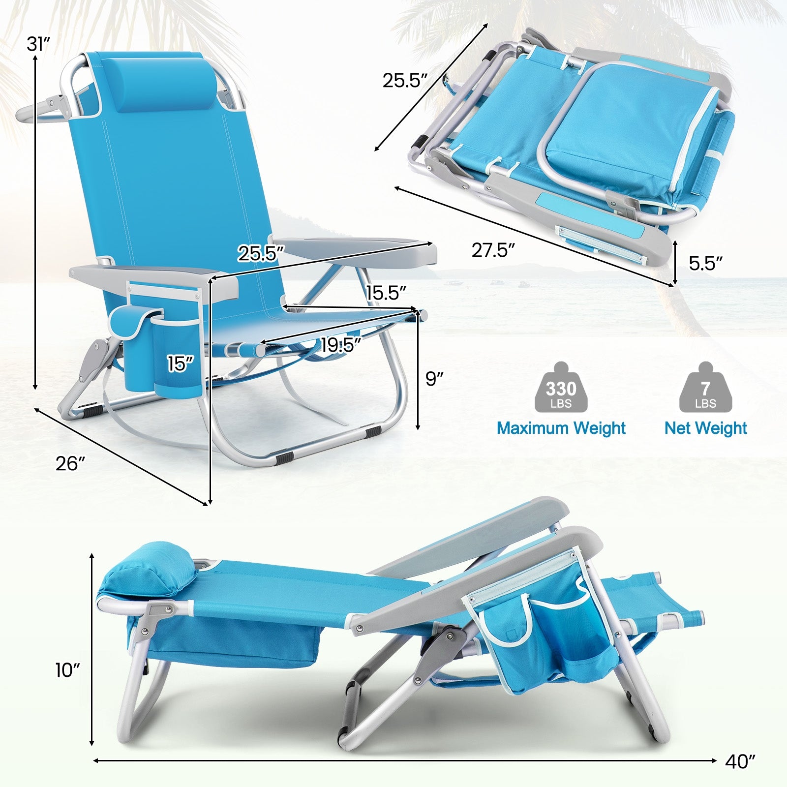 Foldable Backpack Beach Chair With Cup Holder, Storage Pockets, Blue Beach & Lawn Chairs at Gallery Canada