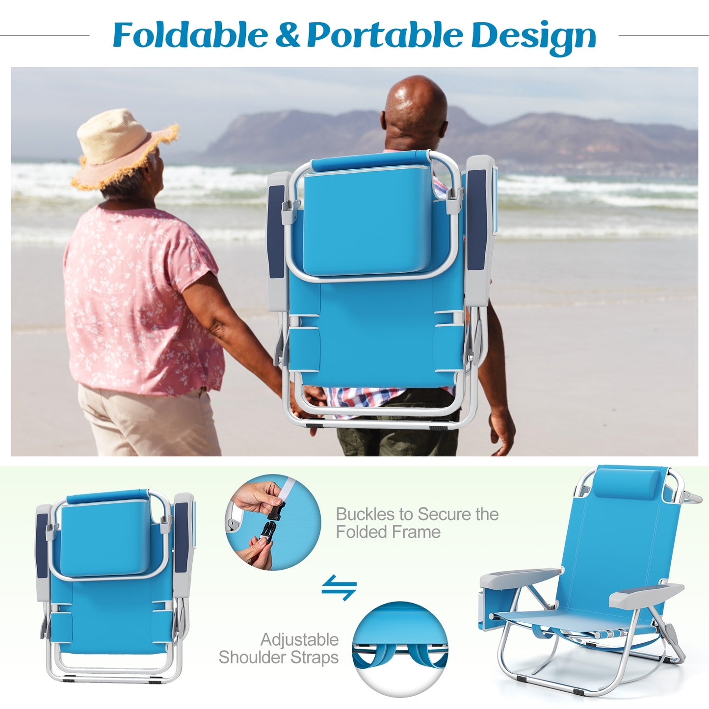 Foldable Backpack Beach Chair With Cup Holder, Storage Pockets, Blue Beach & Lawn Chairs at Gallery Canada