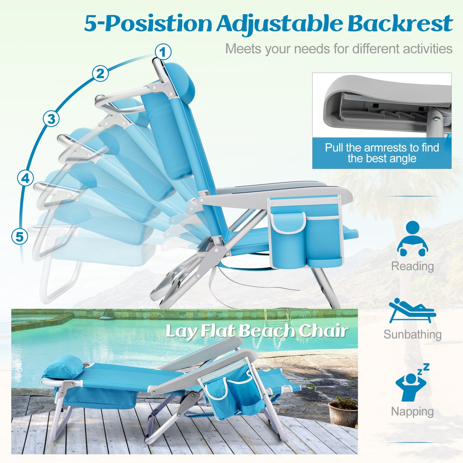 Foldable Backpack Beach Chair With Cup Holder, Storage Pockets, Blue Beach & Lawn Chairs at Gallery Canada
