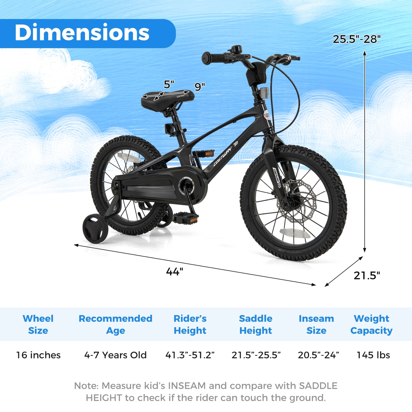 16 Inch Kids Bike Lightweight with 2 Removable Training Wheels for Aged 4-7-16 inches, Black Kids Bike at Gallery Canada