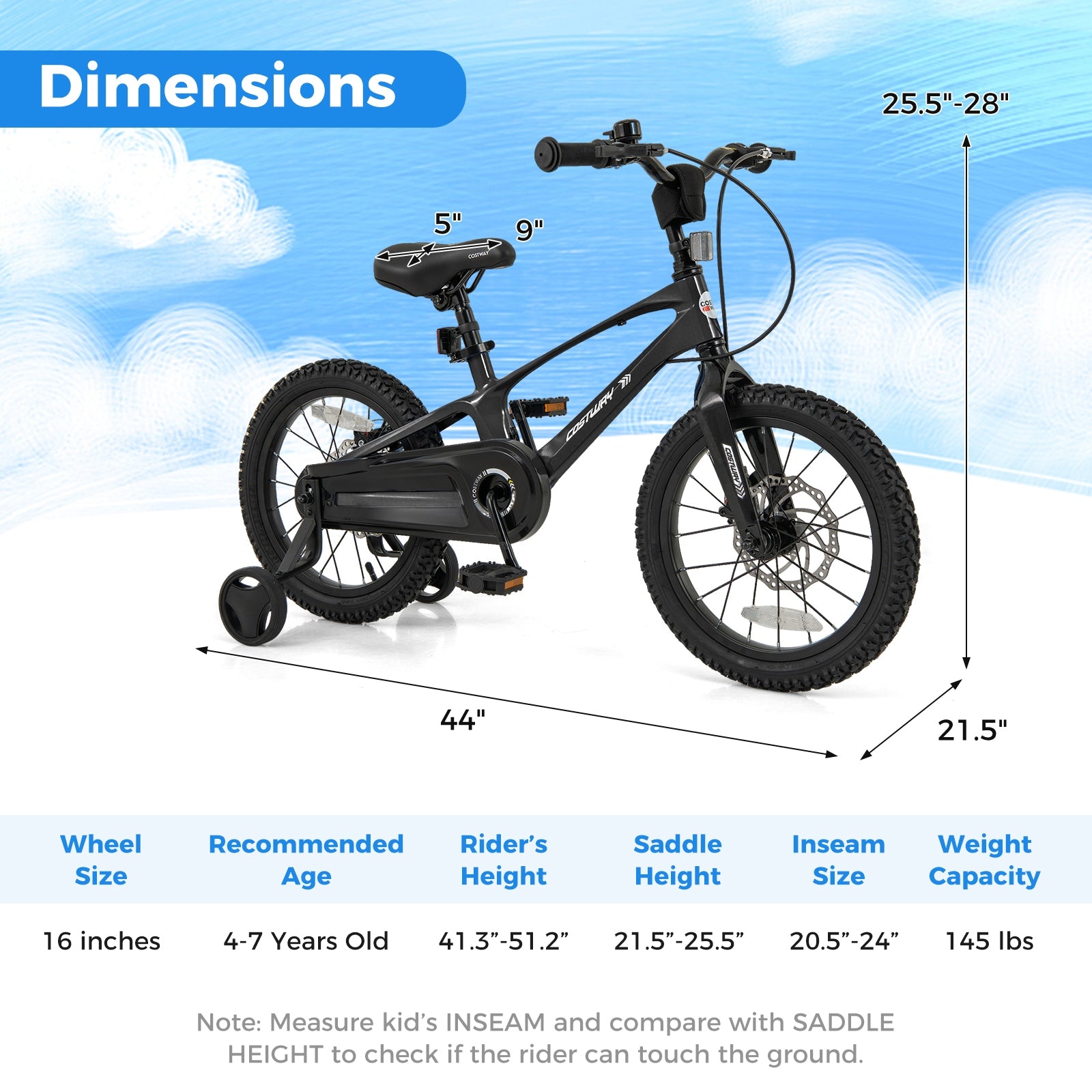 16 Inch Kids Bike Lightweight with 2 Removable Training Wheels for Aged 4-7-16 inches, Black Kids Bike at Gallery Canada