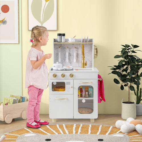 Kids Kitchen Set Pretend Play Kitchen with Stoves Faucet Sink Telephone Microwave and Oven, White