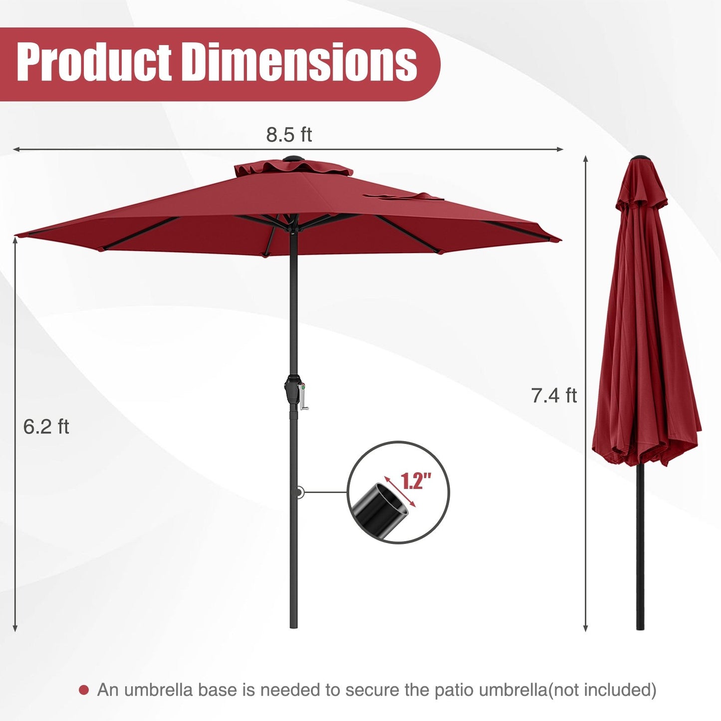 Outdoor Heavy Duty Market Umbrella with Crank Handle and 8 Sturdy Ribs, Red Outdoor Umbrellas at Gallery Canada