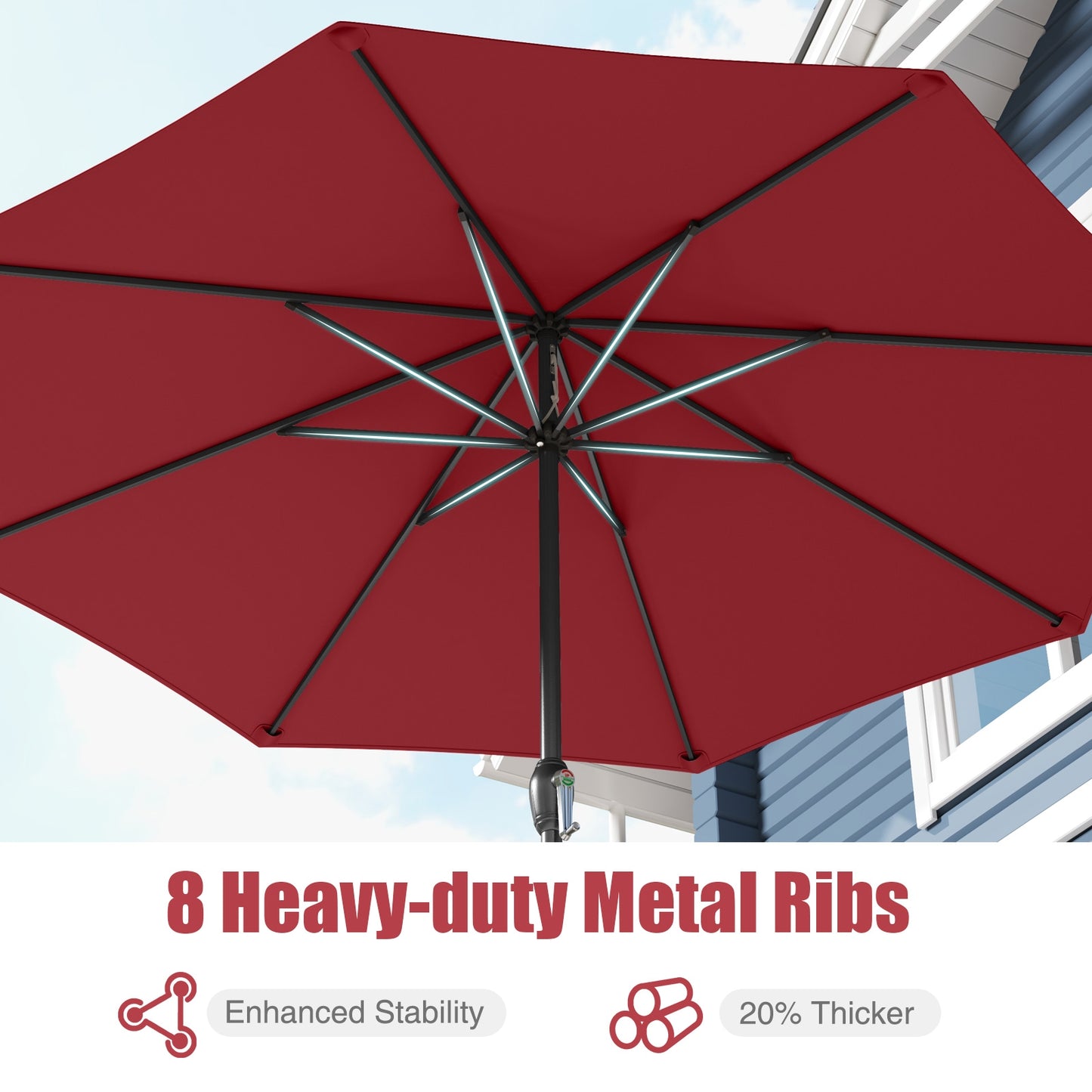 Outdoor Heavy Duty Market Umbrella with Crank Handle and 8 Sturdy Ribs, Red Outdoor Umbrellas at Gallery Canada