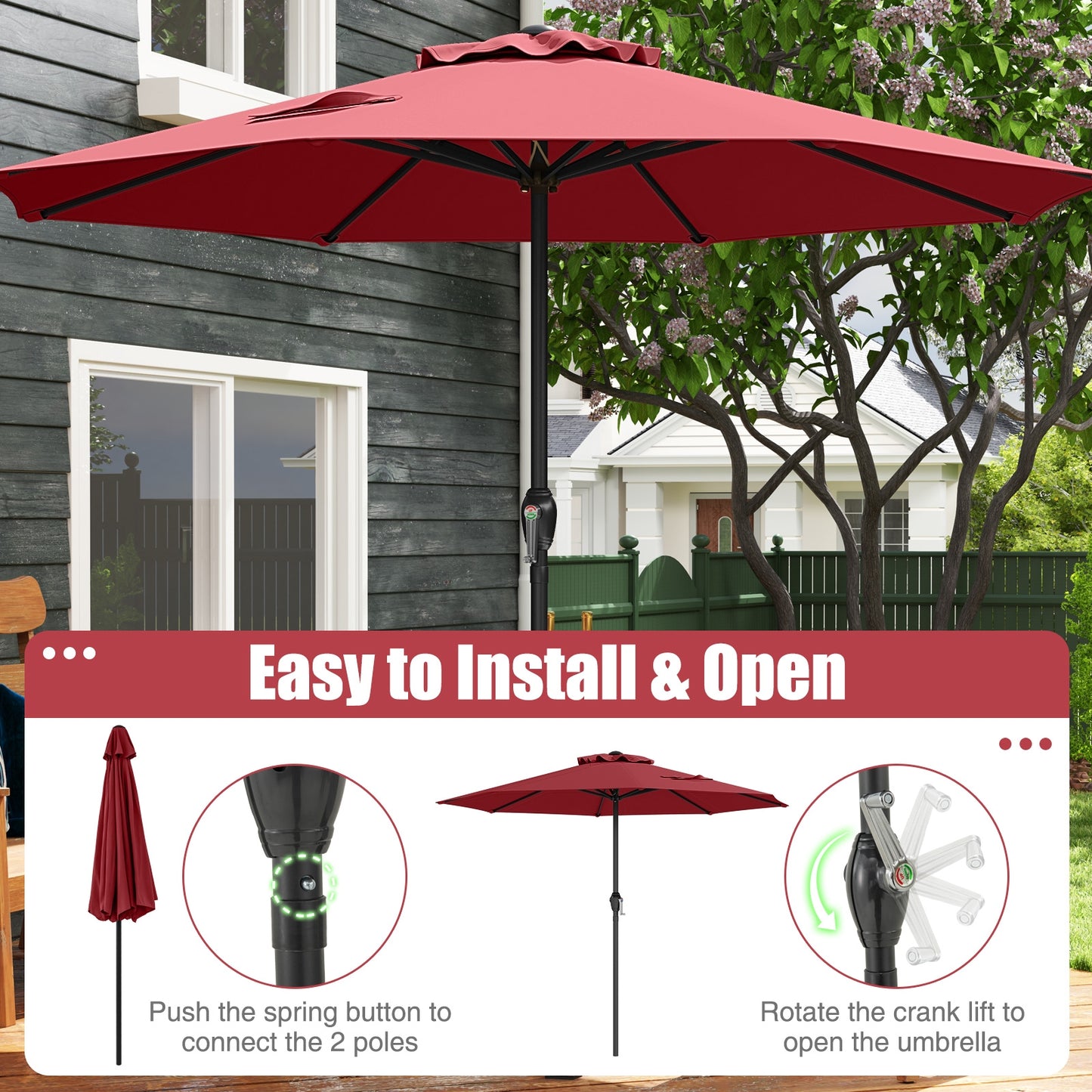 Outdoor Heavy Duty Market Umbrella with Crank Handle and 8 Sturdy Ribs, Red Outdoor Umbrellas at Gallery Canada