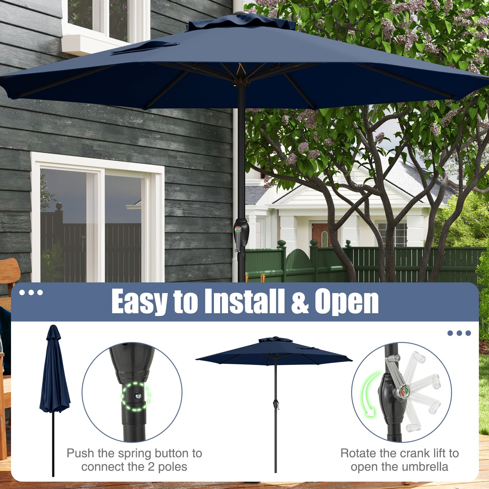 Outdoor Heavy Duty Market Umbrella with Crank Handle and 8 Sturdy Ribs, Navy Outdoor Umbrellas at Gallery Canada