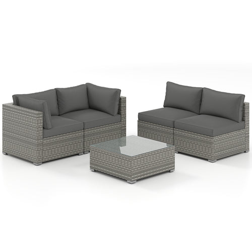 5-Piece Outdoor Patio Sectional Sofa Couch and Glass Coffee Table with Cushions, Gray