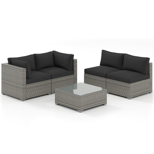 5-Piece Outdoor Patio Sectional Sofa Couch and Glass Coffee Table with Cushions, Black