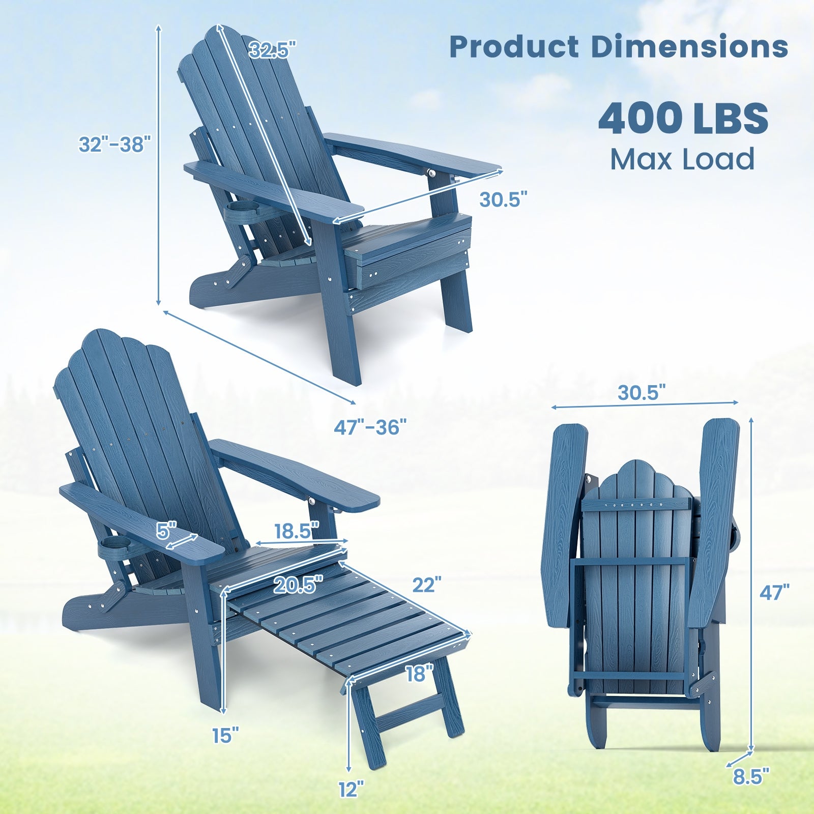 All-Weather HIPS Patio Adirondack Lounge Chair, With Retractable Footrest, Navy Adirondack Chairs at Gallery Canada