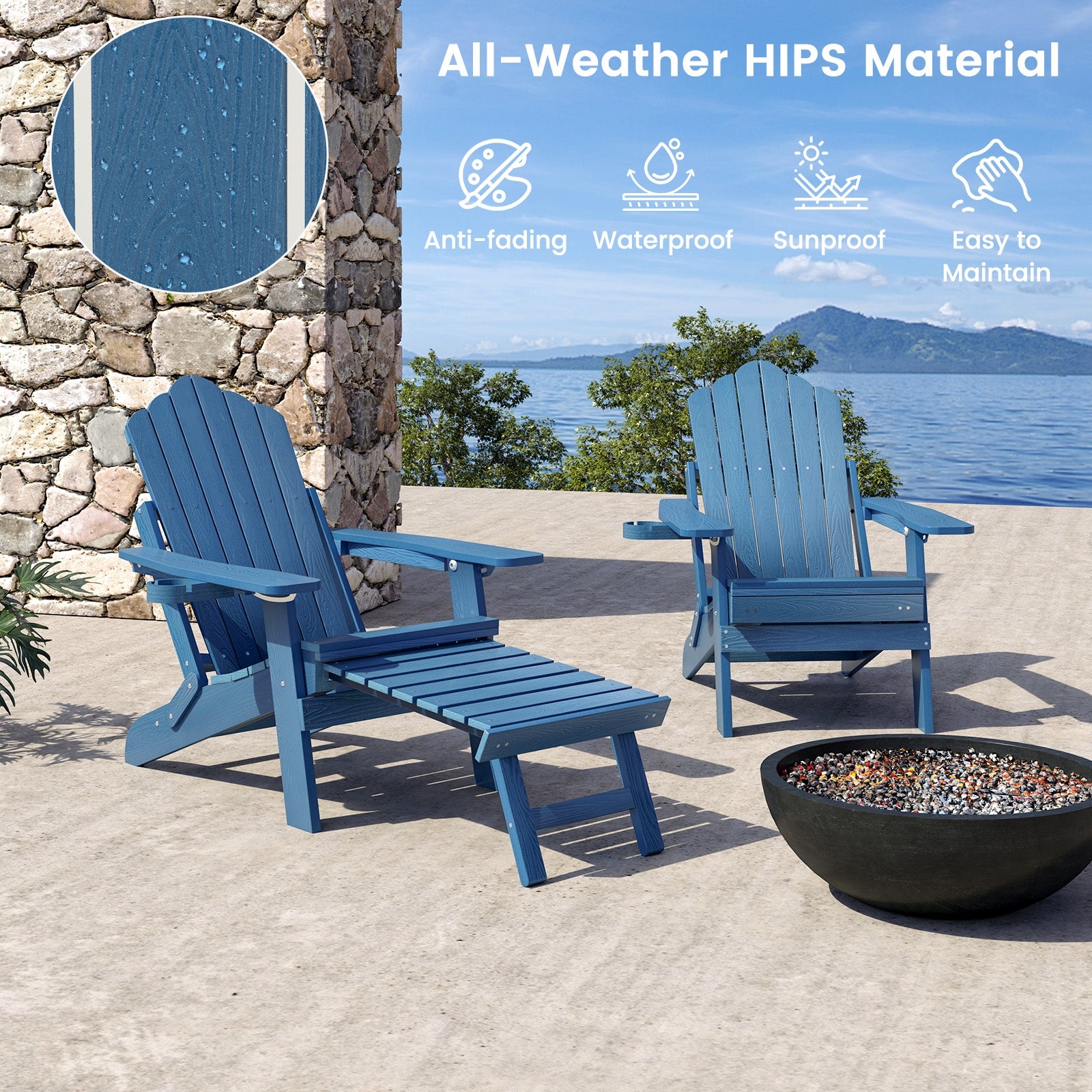 All-Weather HIPS Patio Adirondack Lounge Chair, With Retractable Footrest, Navy Adirondack Chairs at Gallery Canada