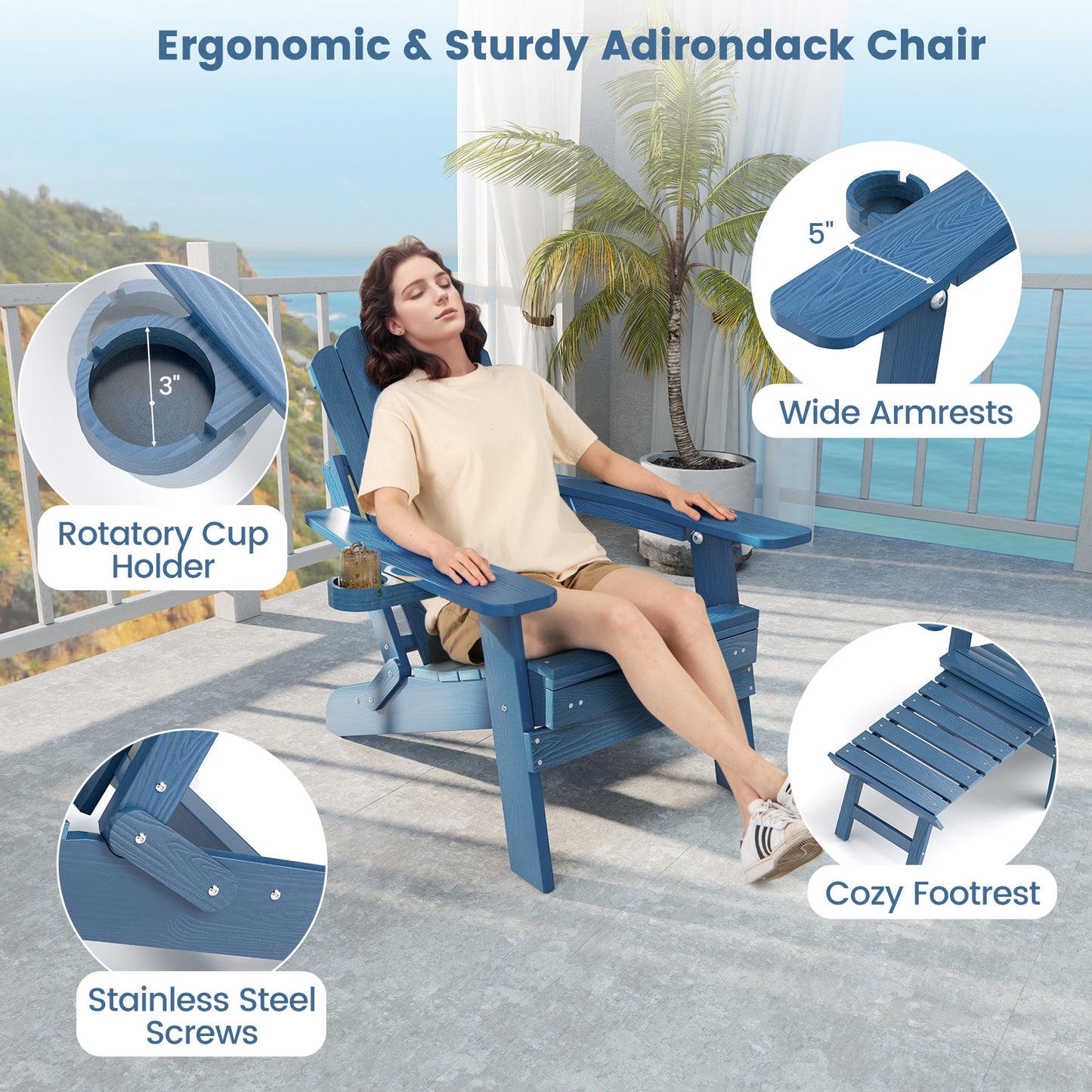All-Weather HIPS Patio Adirondack Lounge Chair, With Retractable Footrest, Navy Adirondack Chairs at Gallery Canada