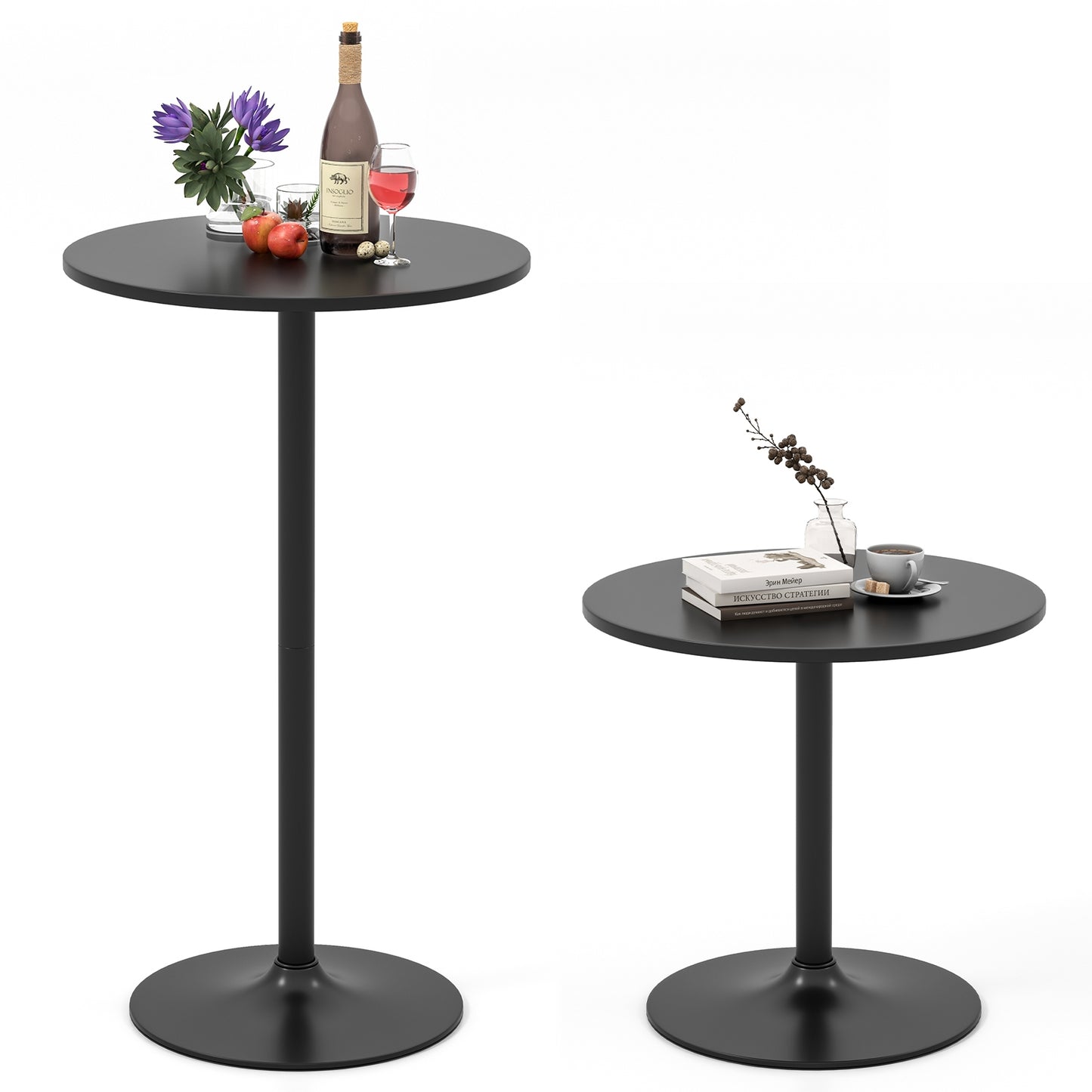 24 Inch Modern Round Cocktail Table with Metal Base and MDF Top-Set of 2, Black Bar Tables at Gallery Canada