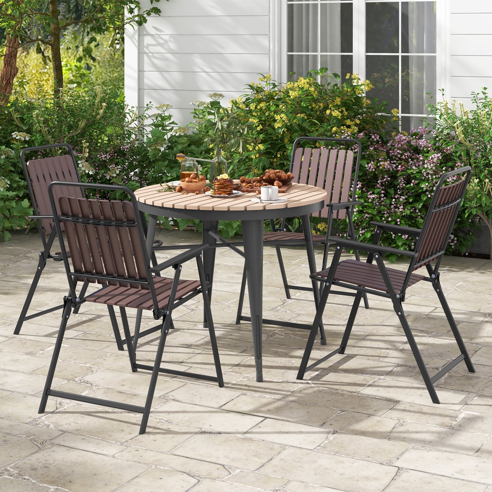 4 pcs Patio Folding Chairs with PP Seat and Back and 400 LBS Heavy-Duty Metal Frame, Brown Patio Dining Chairs at Gallery Canada