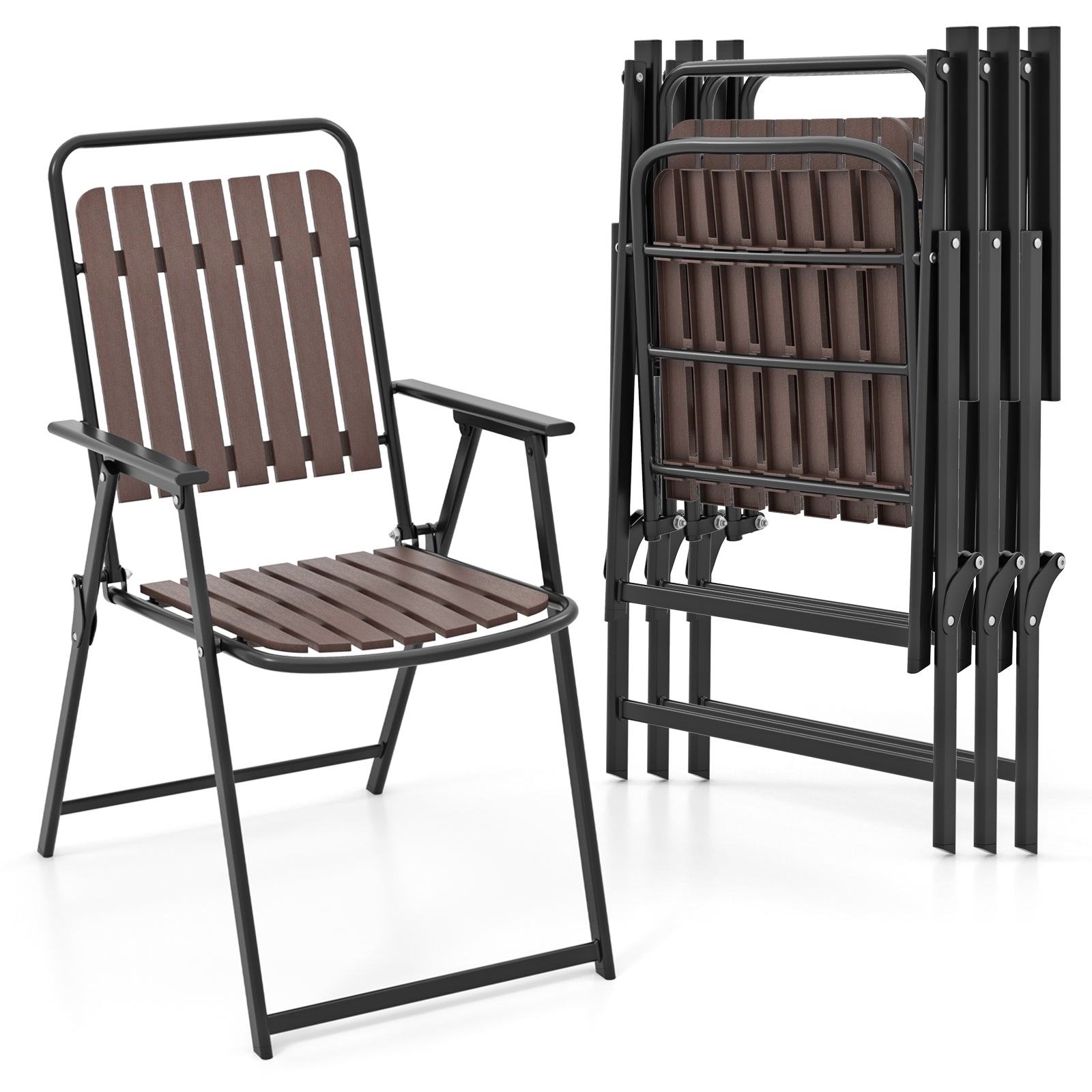 4 pcs Patio Folding Chairs with PP Seat and Back and 400 LBS Heavy-Duty Metal Frame, Brown Patio Dining Chairs at Gallery Canada