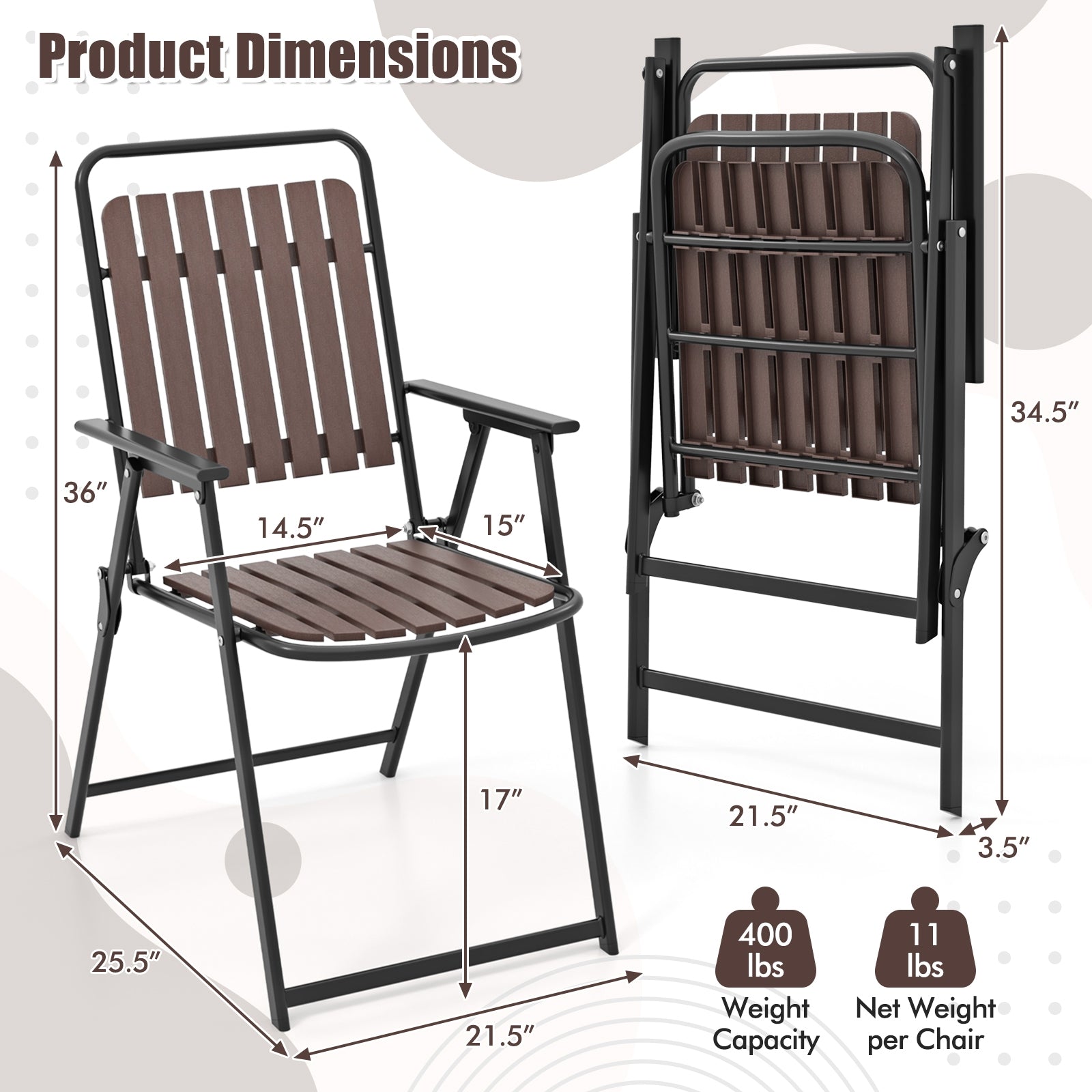 4 pcs Patio Folding Chairs with PP Seat and Back and 400 LBS Heavy-Duty Metal Frame, Brown Patio Dining Chairs at Gallery Canada