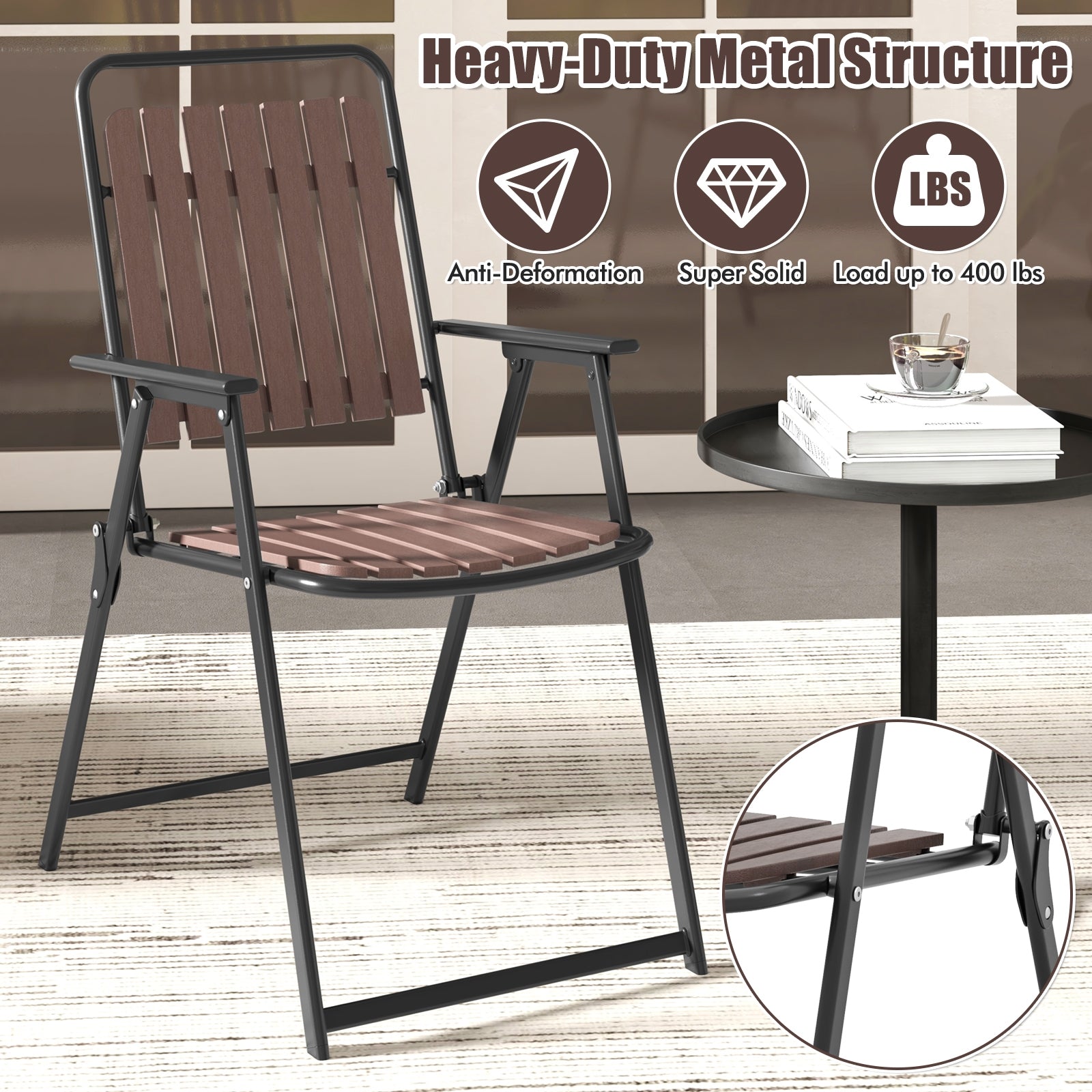 4 pcs Patio Folding Chairs with PP Seat and Back and 400 LBS Heavy-Duty Metal Frame, Brown Patio Dining Chairs at Gallery Canada