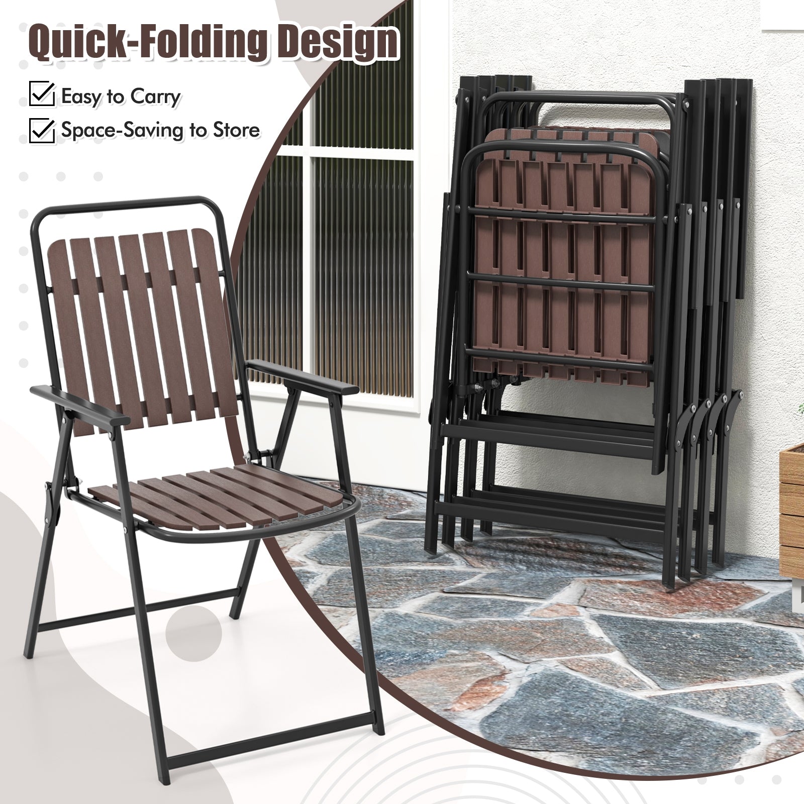 4 pcs Patio Folding Chairs with PP Seat and Back and 400 LBS Heavy-Duty Metal Frame, Brown Patio Dining Chairs at Gallery Canada