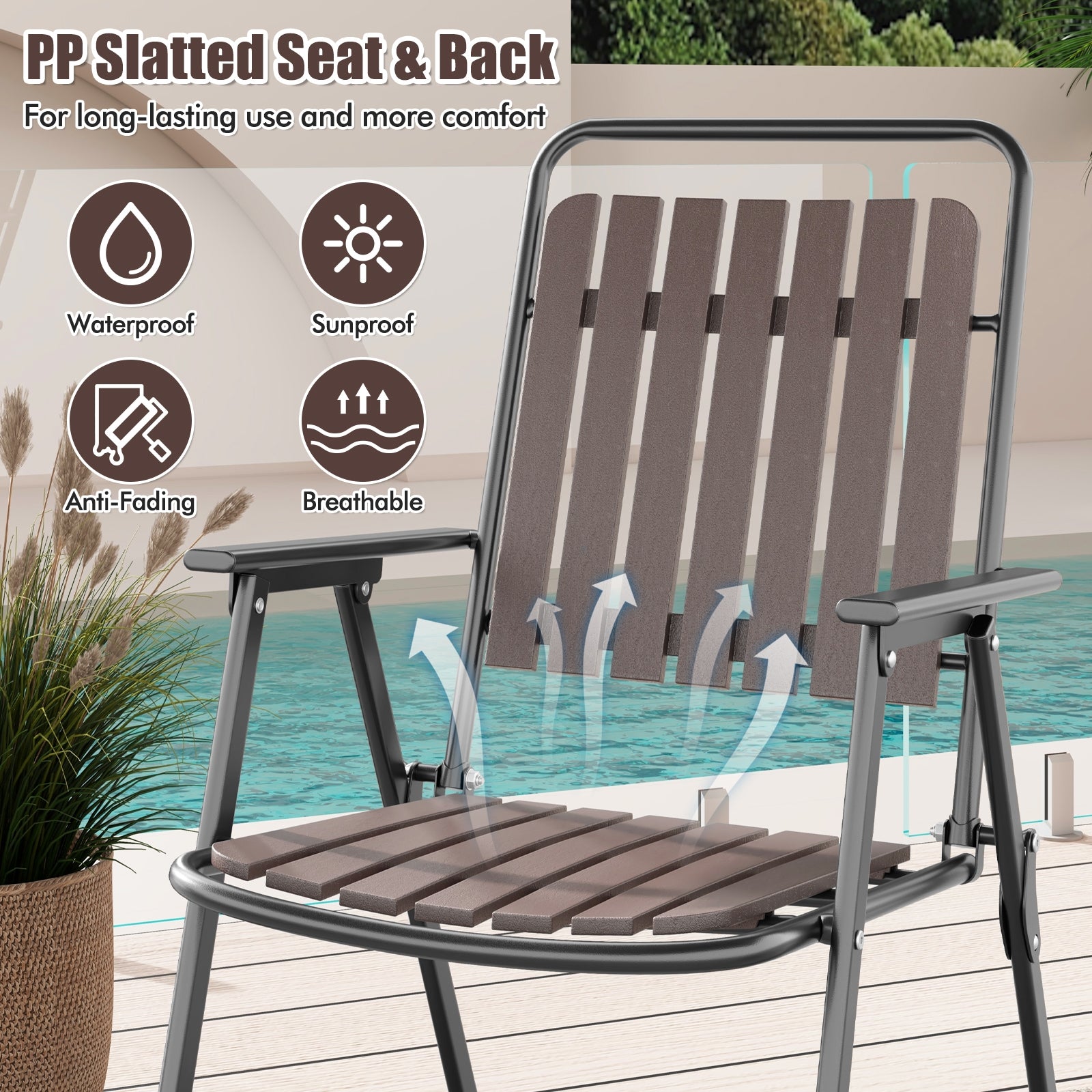 4 Pcs Patio Folding Chairs, PP Seat Back, 400 LBS Heavy Duty Metal Frame, Brown Patio Dining Chairs at Gallery Canada